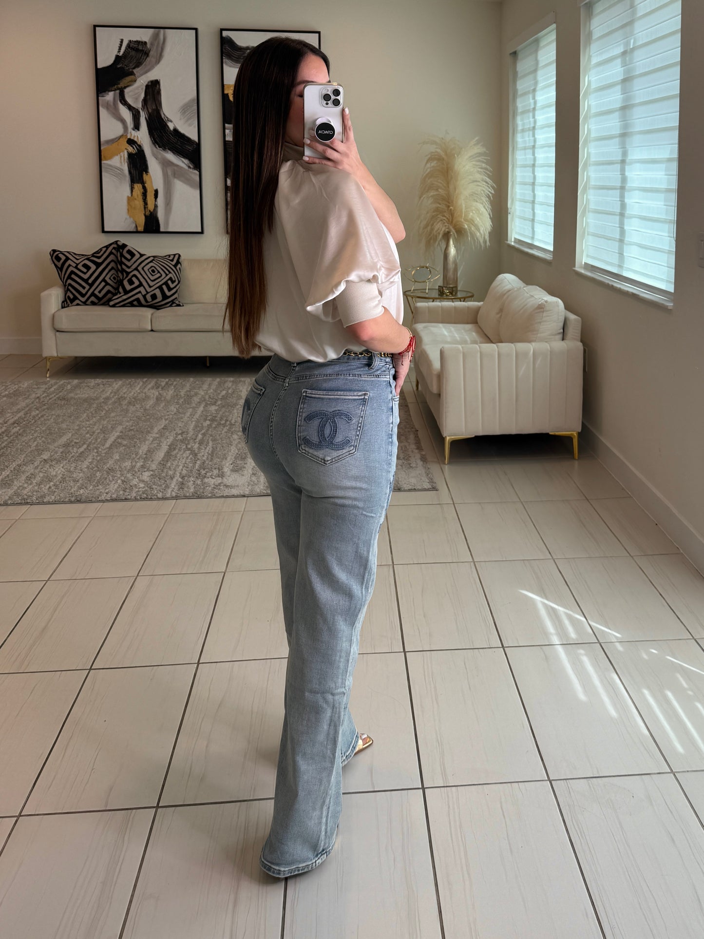 Mock Nek Band Puff Beige Top