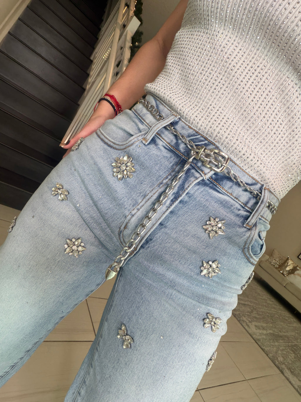 Rhinestones Flowers Denim Pants