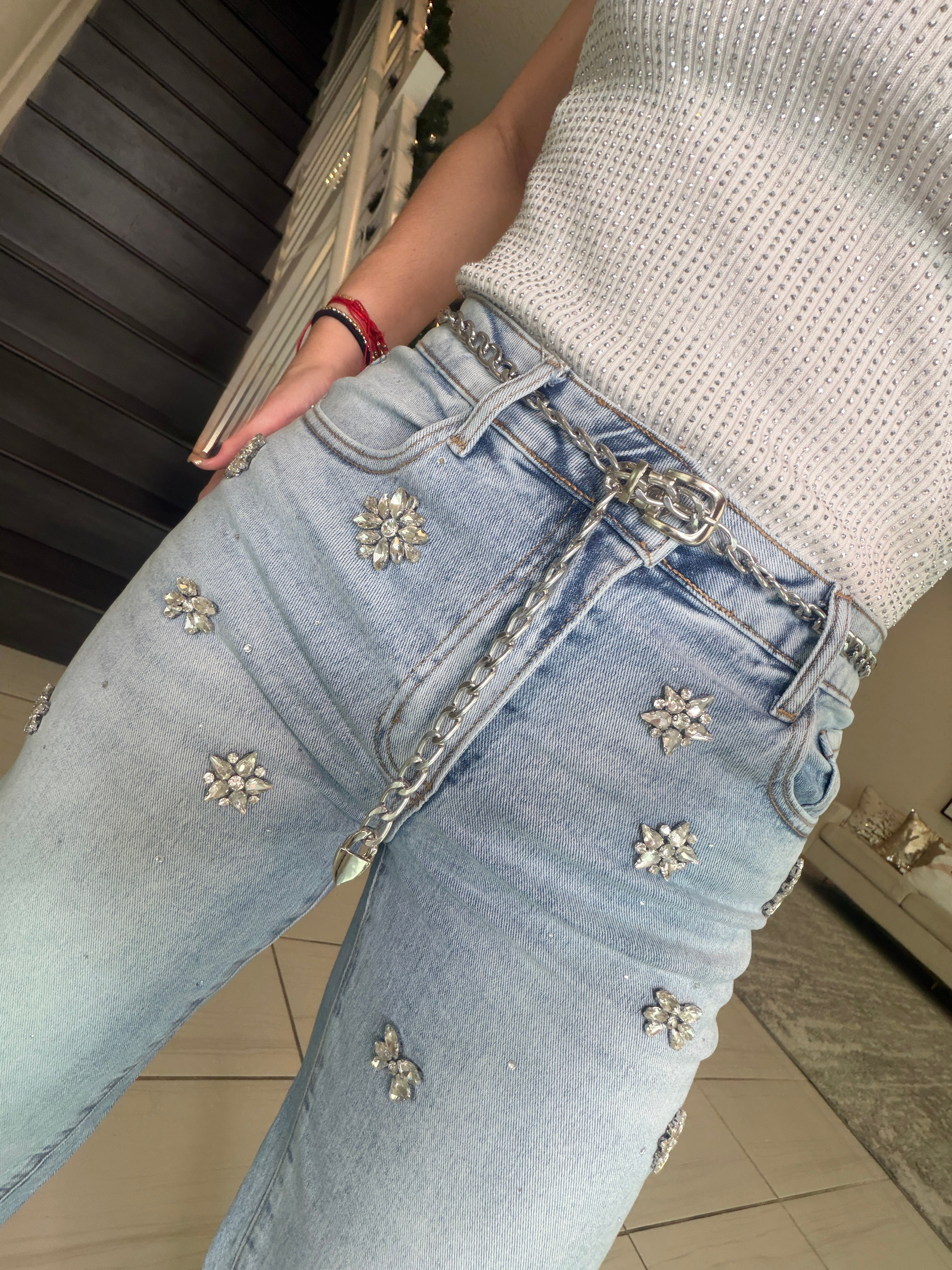 Rhinestones Flowers Denim Pants