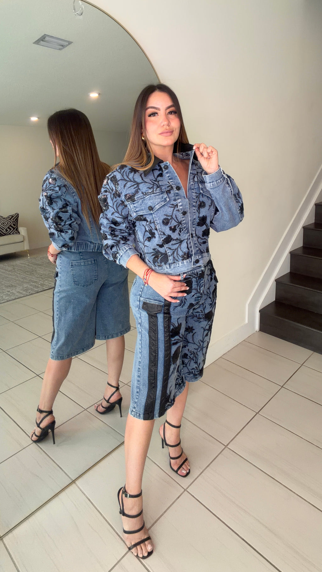 Midnight Bloom Denim Shorts Set