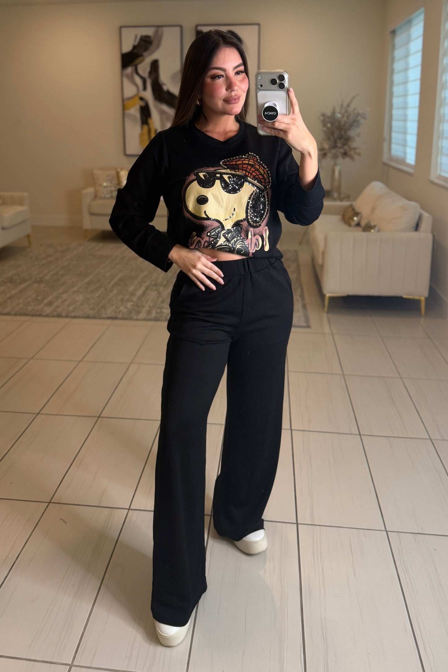 Funny Rhinestones Black Pant Set