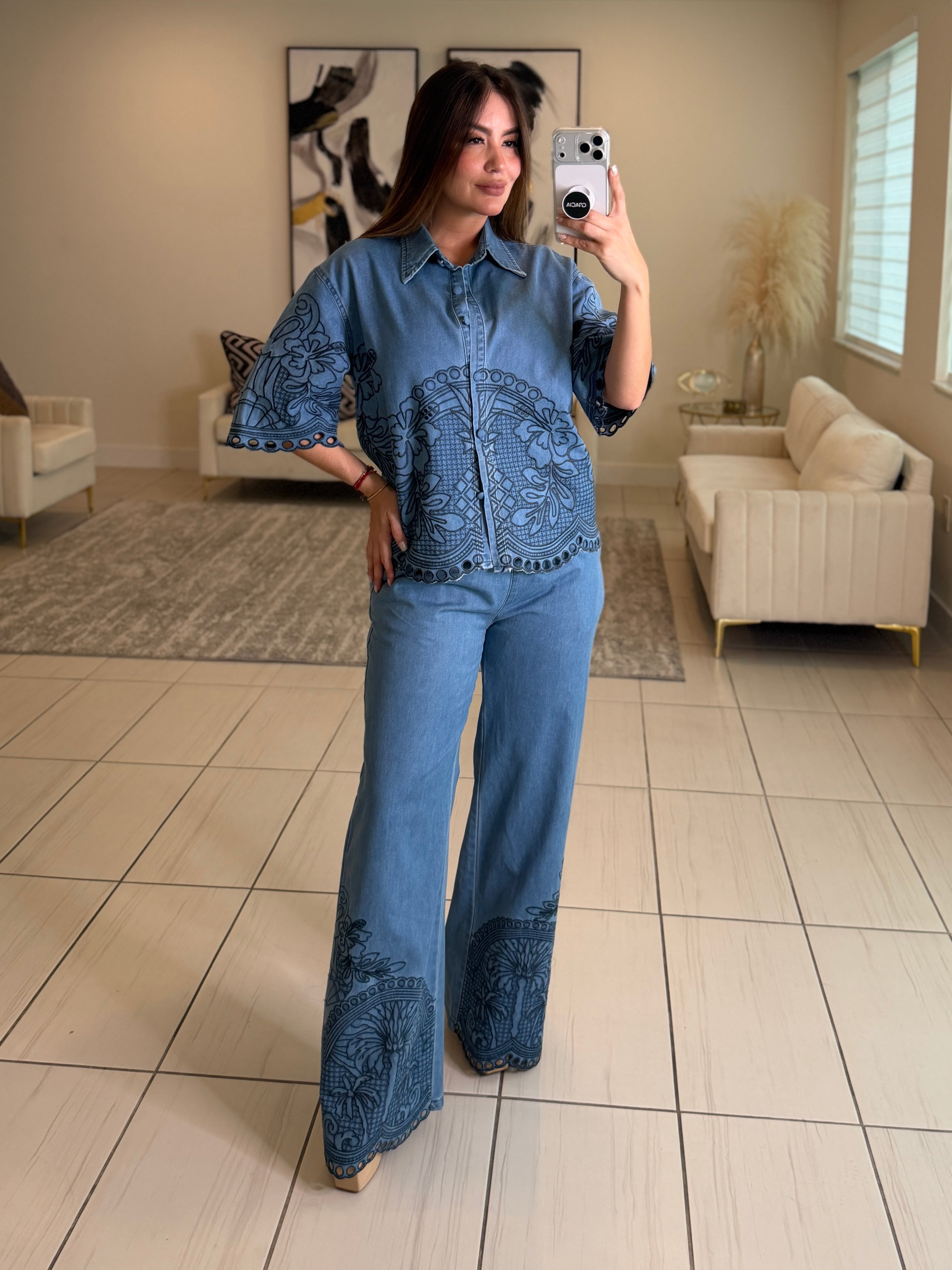 Paradise Embroidered Denim Pant Set