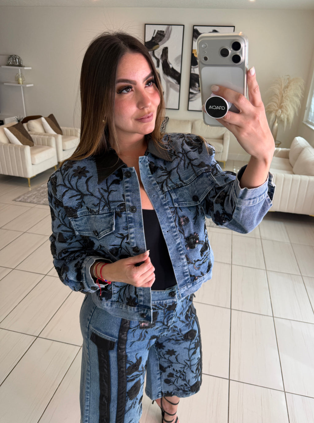 Midnight Bloom Denim Shorts Set