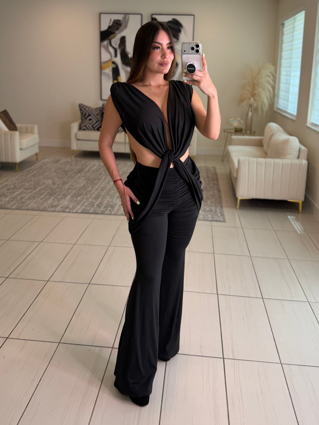 Crowned Desire Ruched Black Jumpsuit