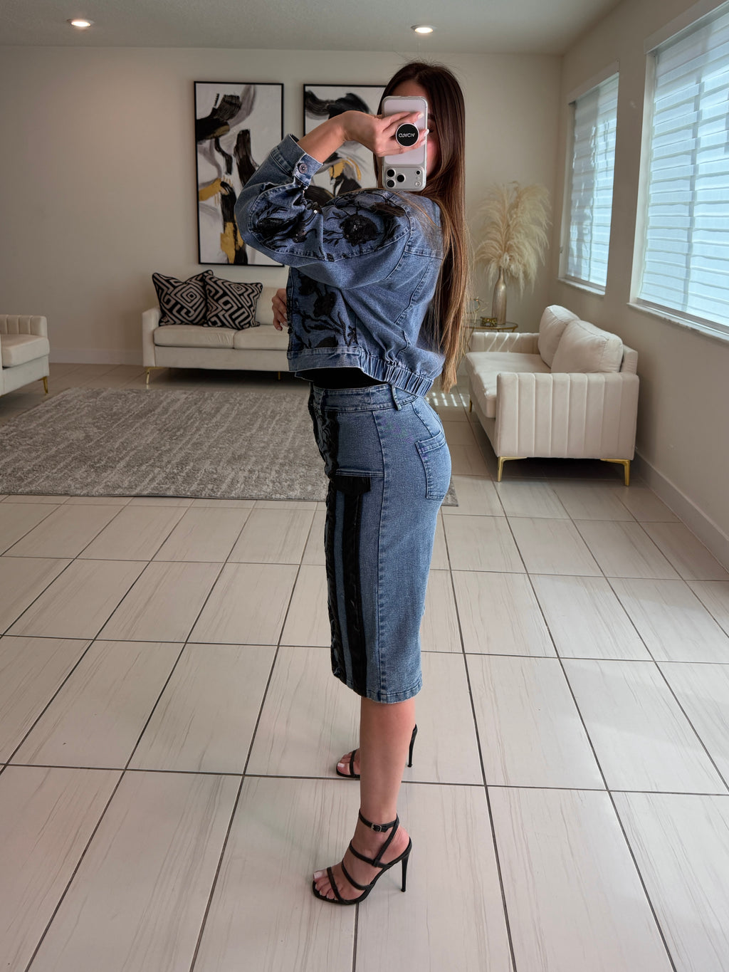 Midnight Bloom Denim Shorts Set