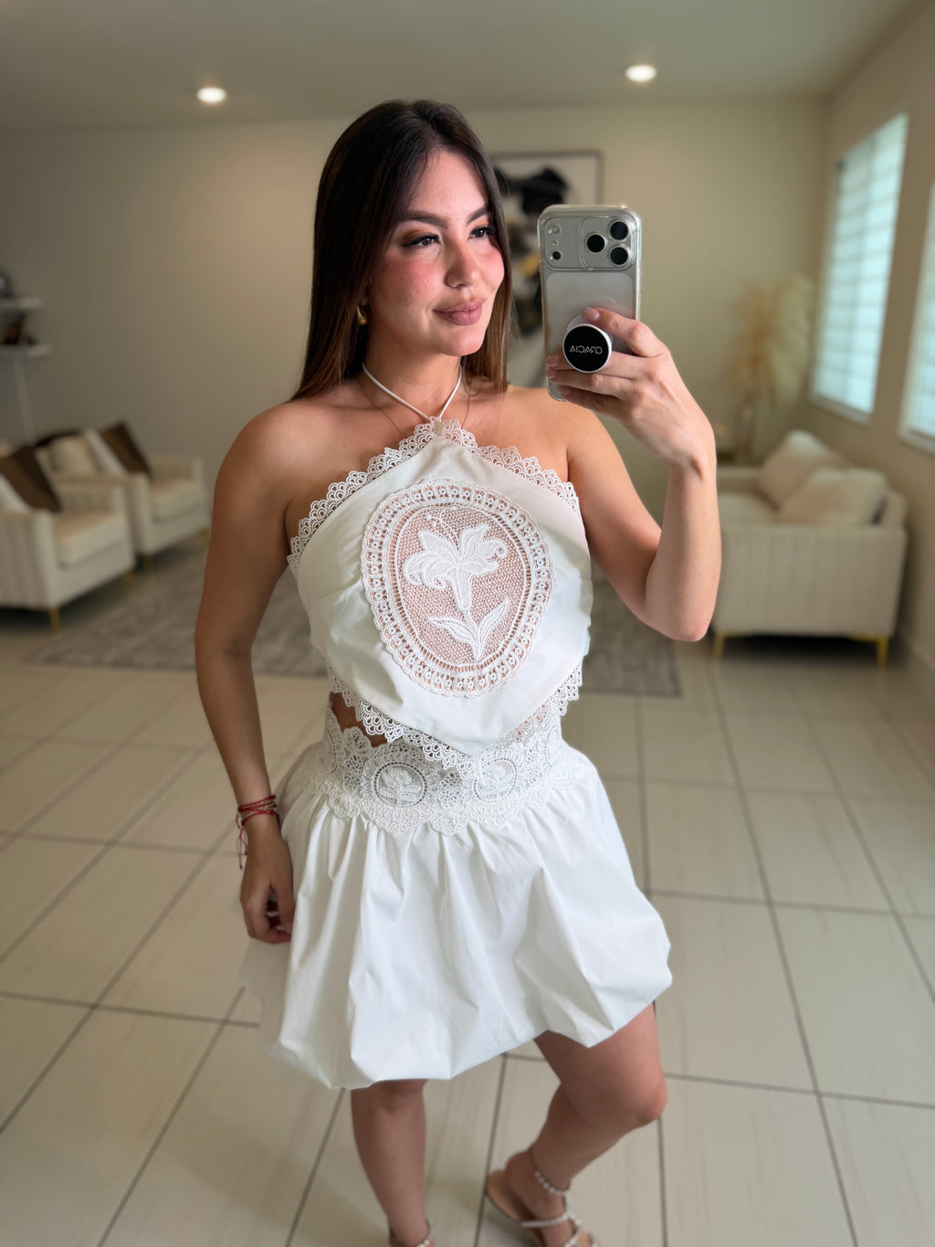 Blossom Crochet White Balloon Skirt Set