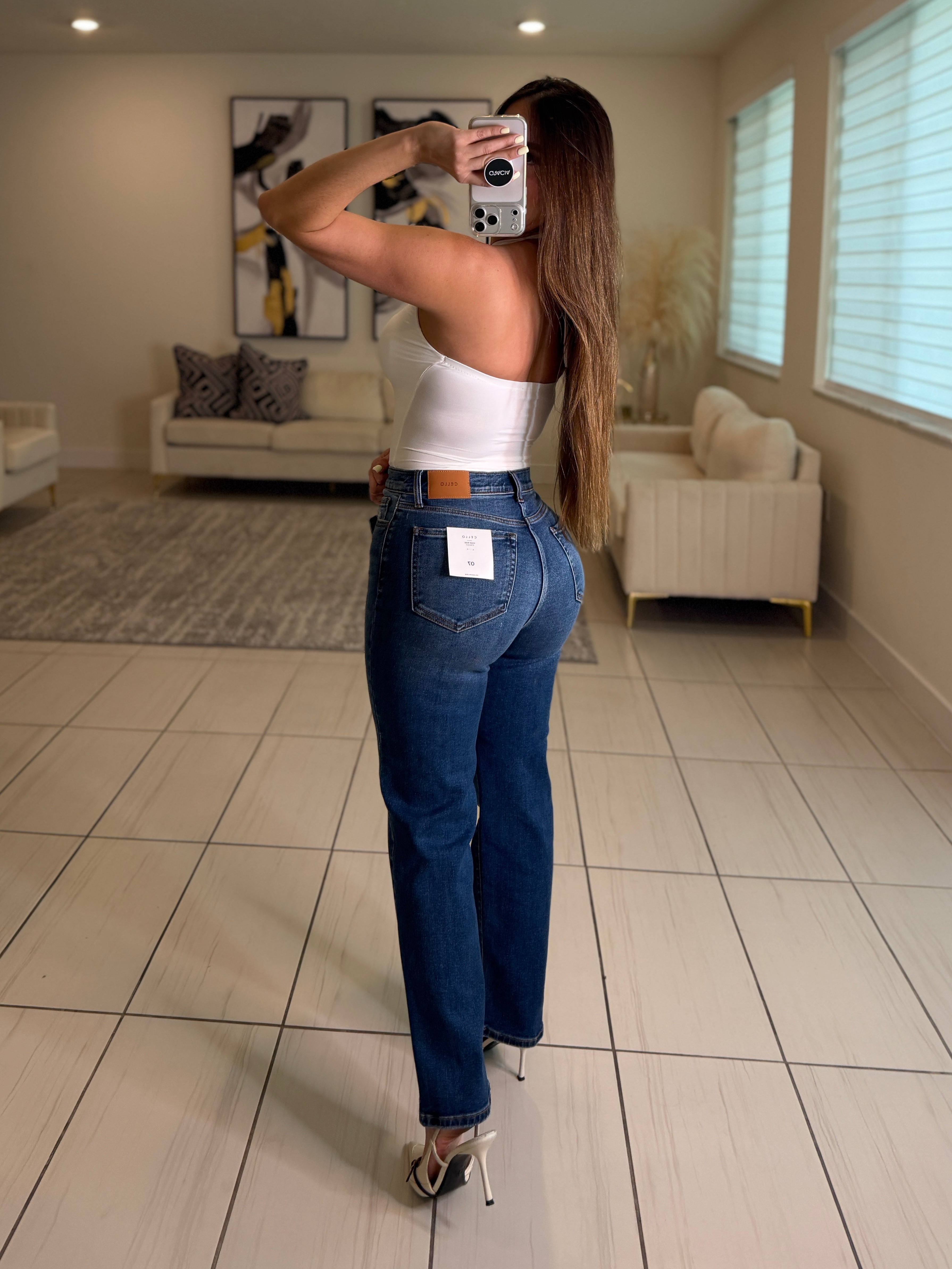 Cross Belt Straight Denim Pants