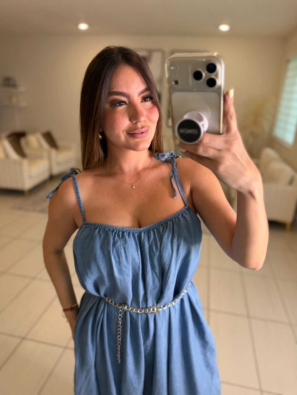 Effortless Essence Ruched Light Denim Jumpsuit