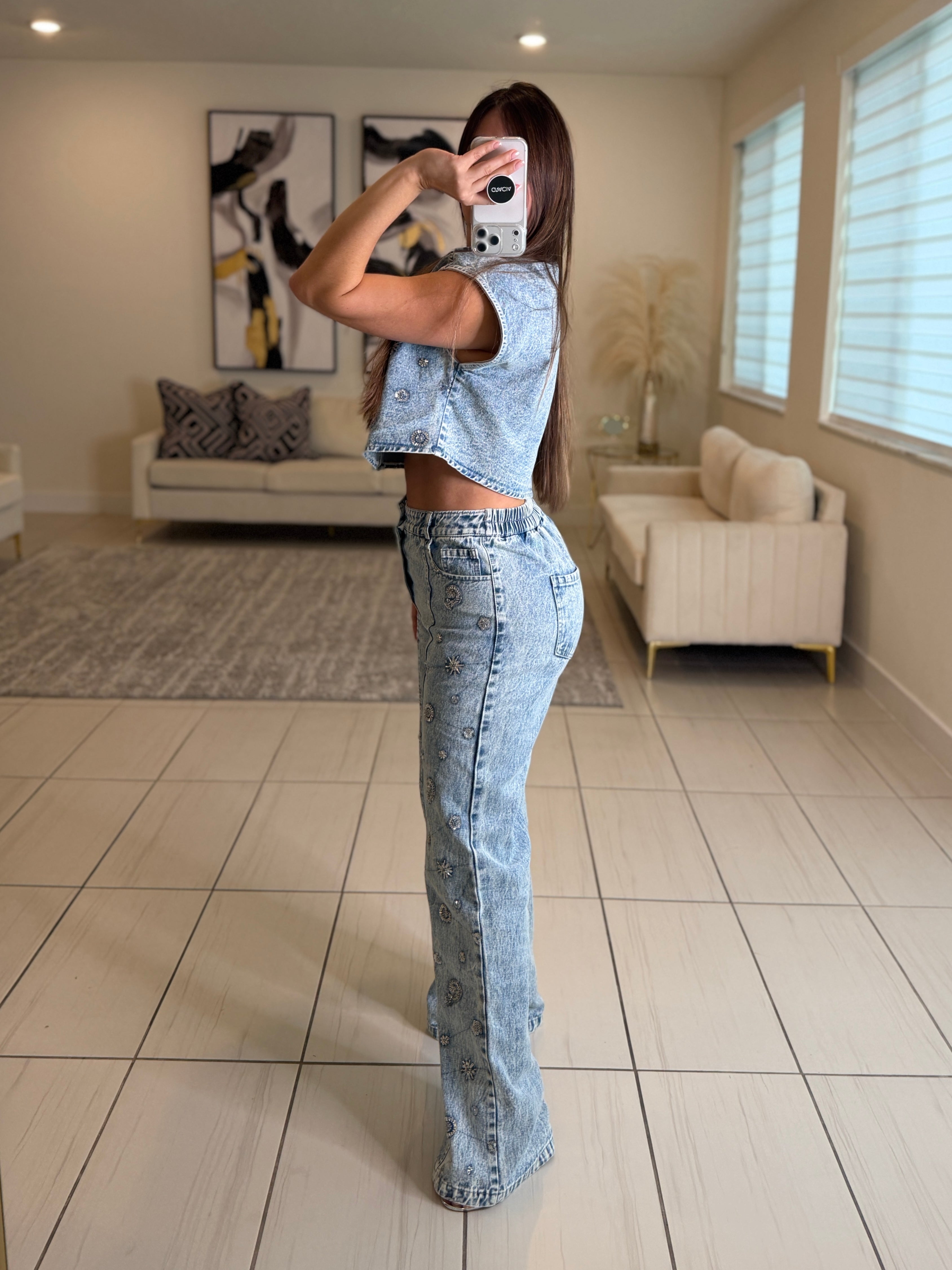 Perfect Silver Sequin Denim Pant Set