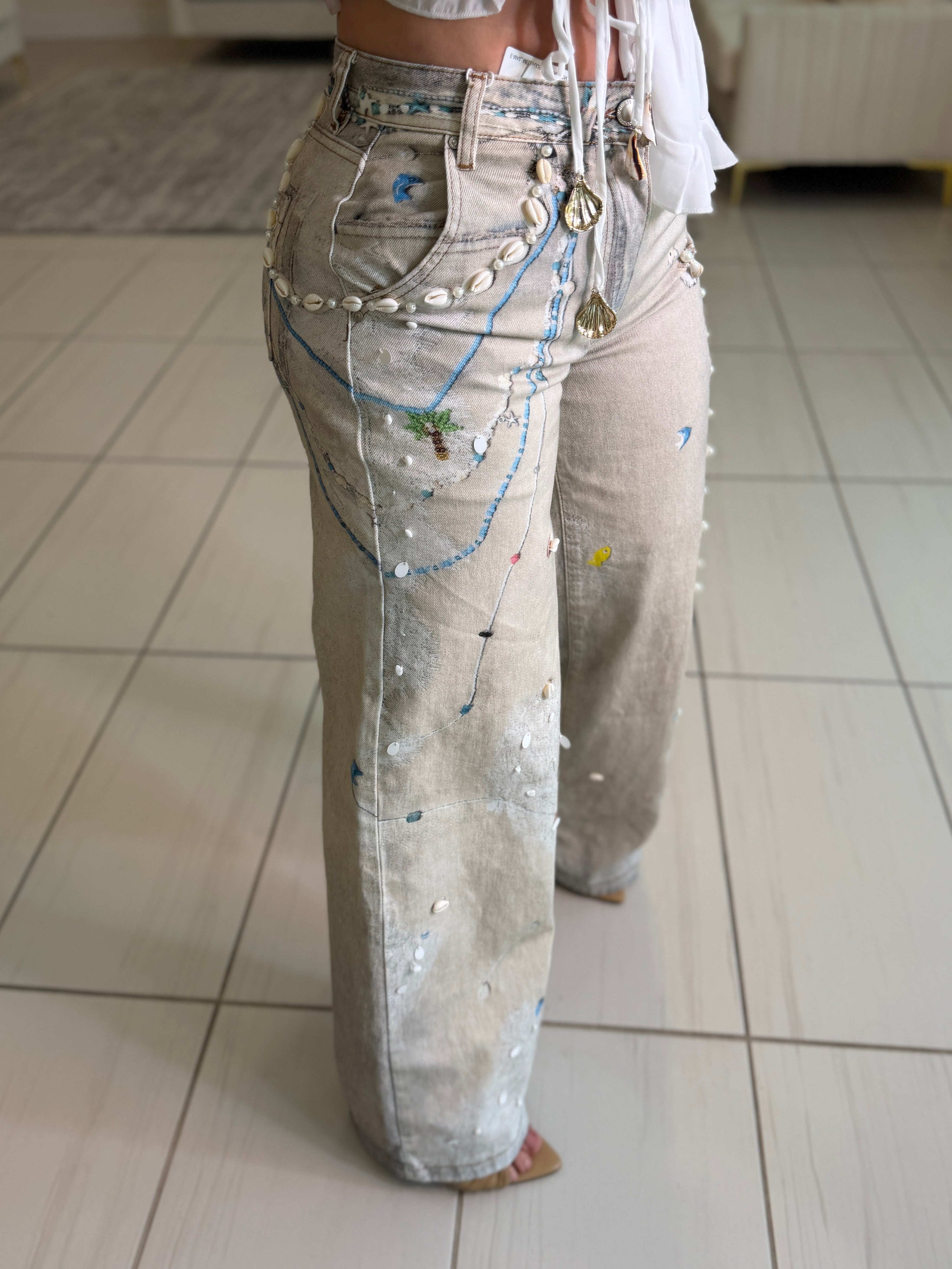 Glam Seashells Beige Denim Pants