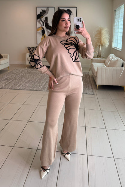 Woven Serenity Knit Beige Pant Set