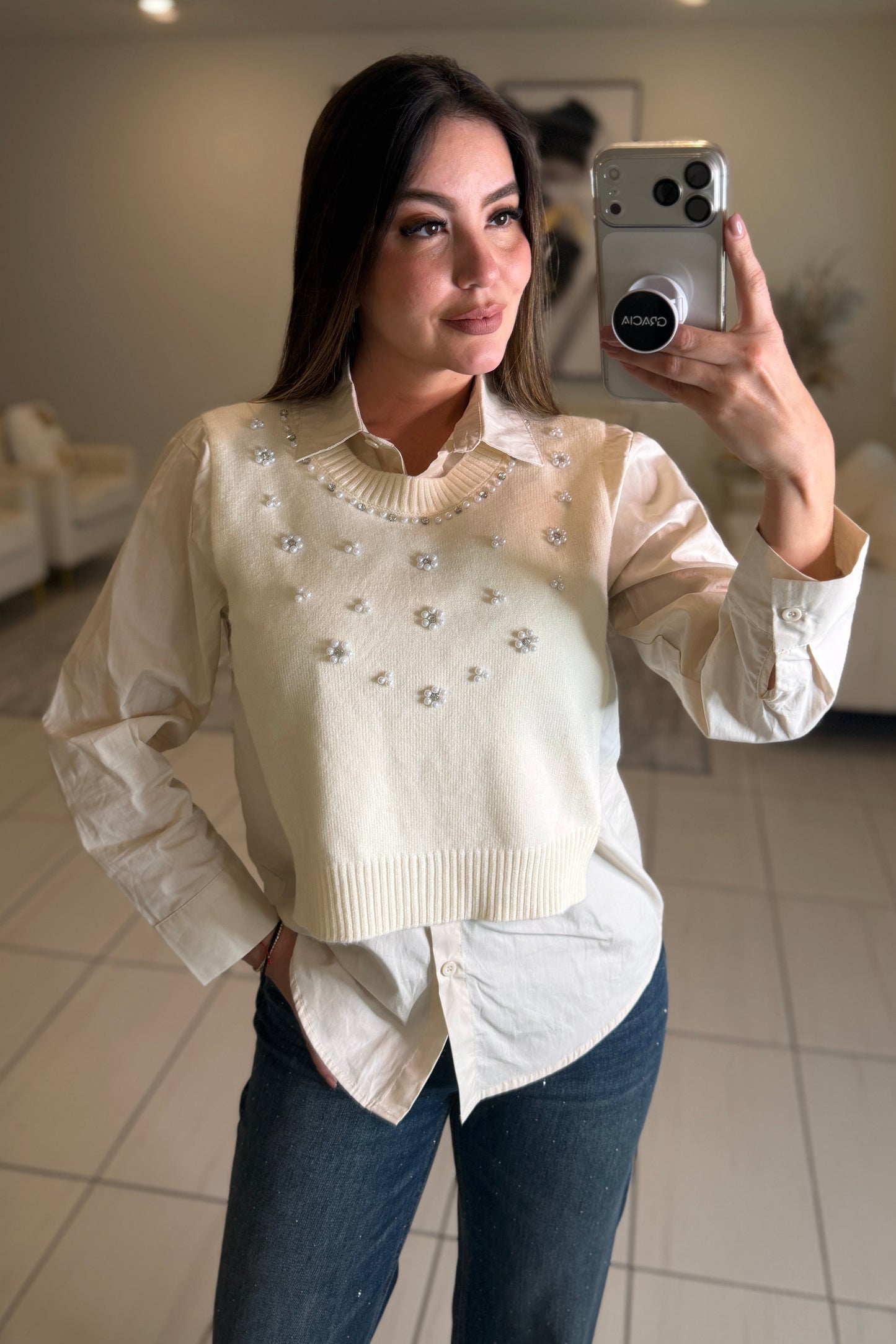 Parisian Pearls Beige Long-Sleeved Top
