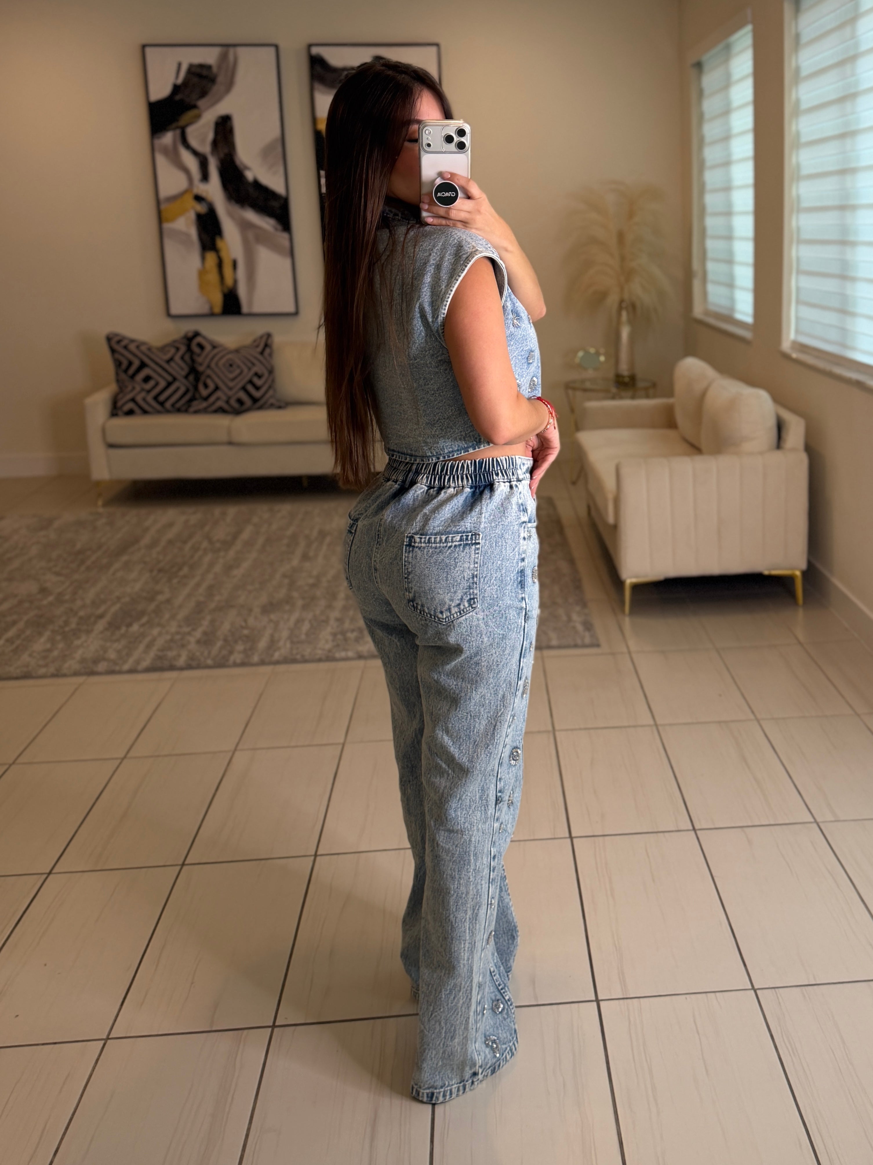 Perfect Silver Sequin Denim Pant Set