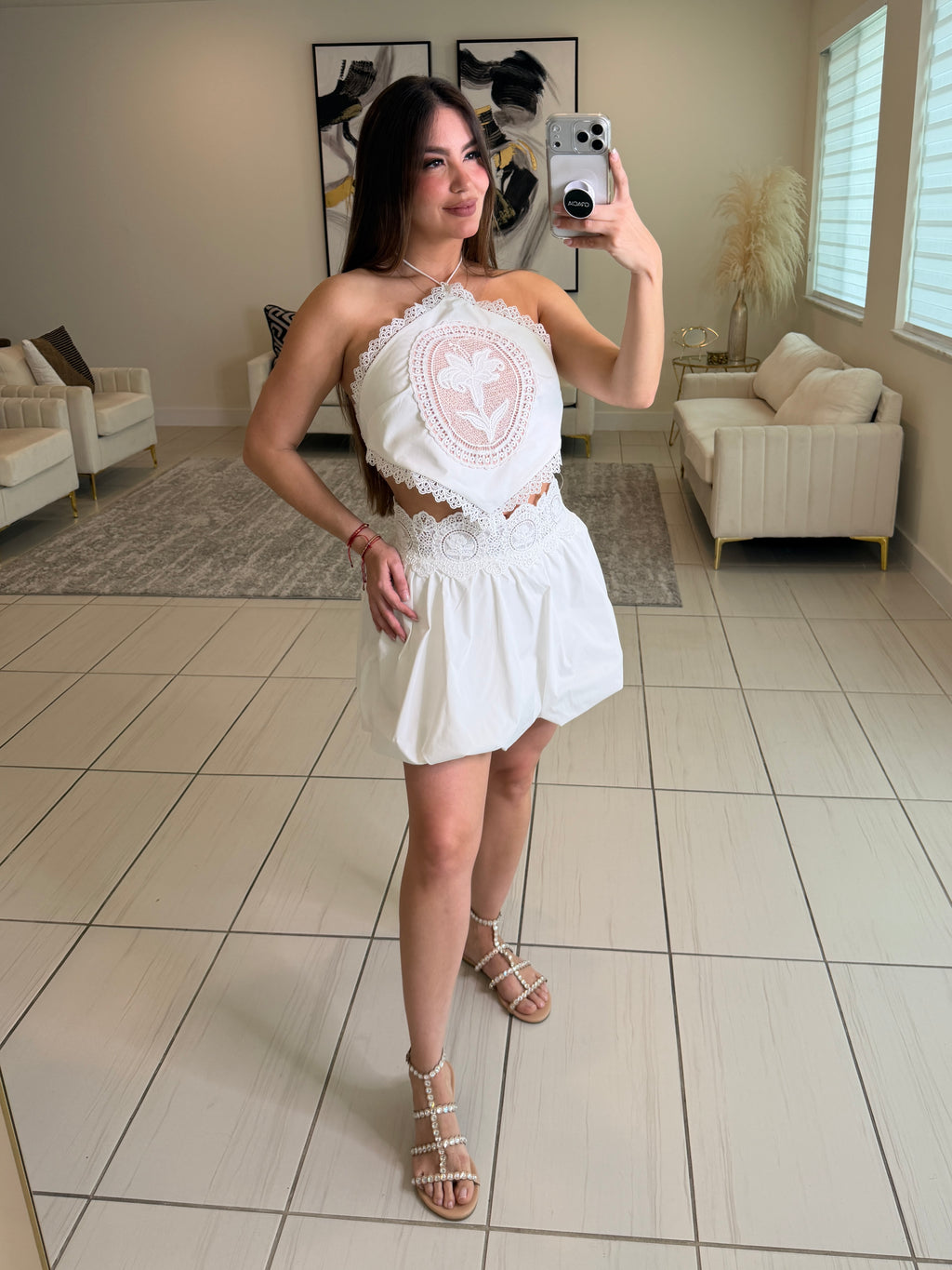 Blossom Crochet White Balloon Skirt Set