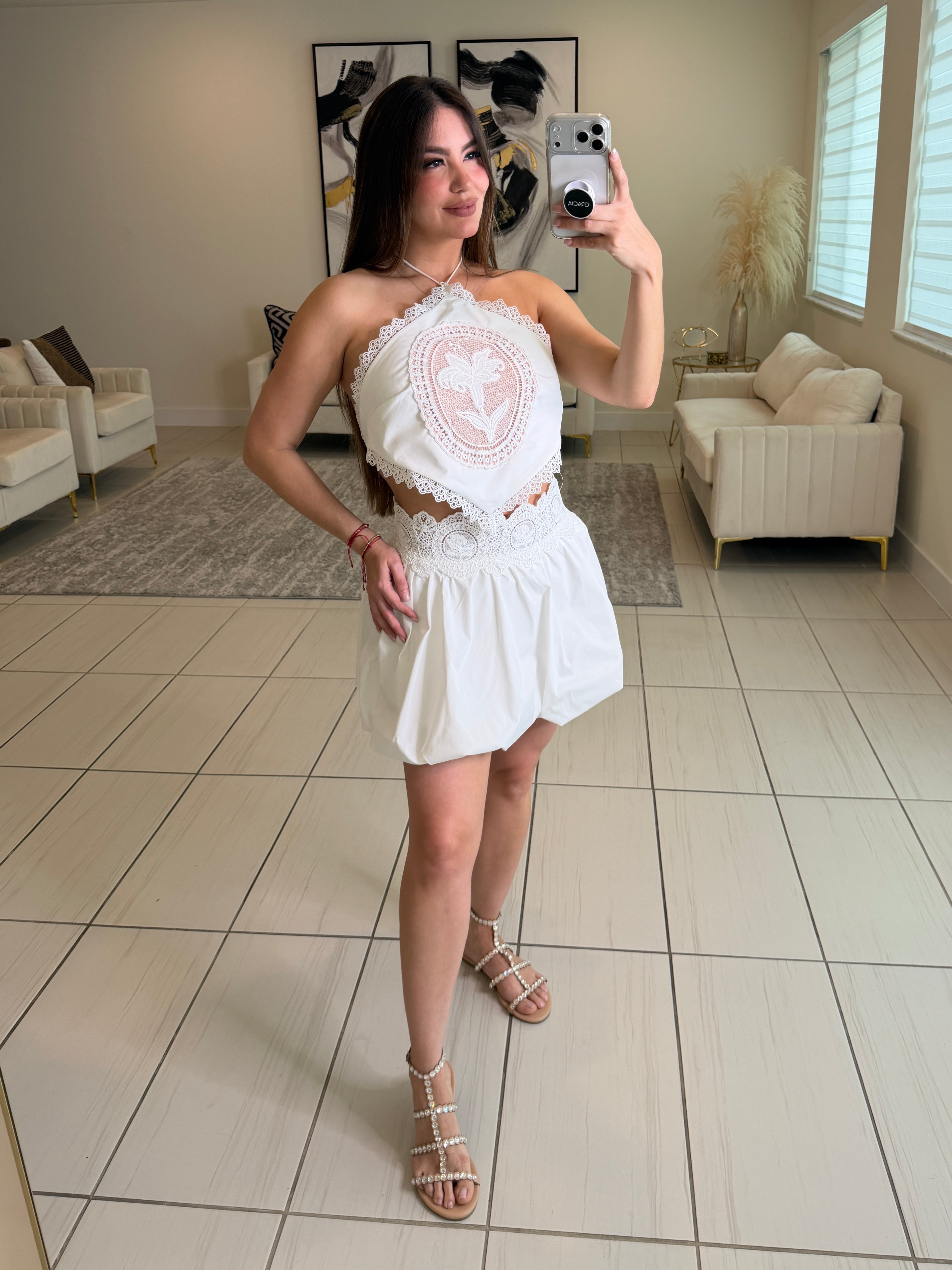 Blossom Crochet White Balloon Skirt Set