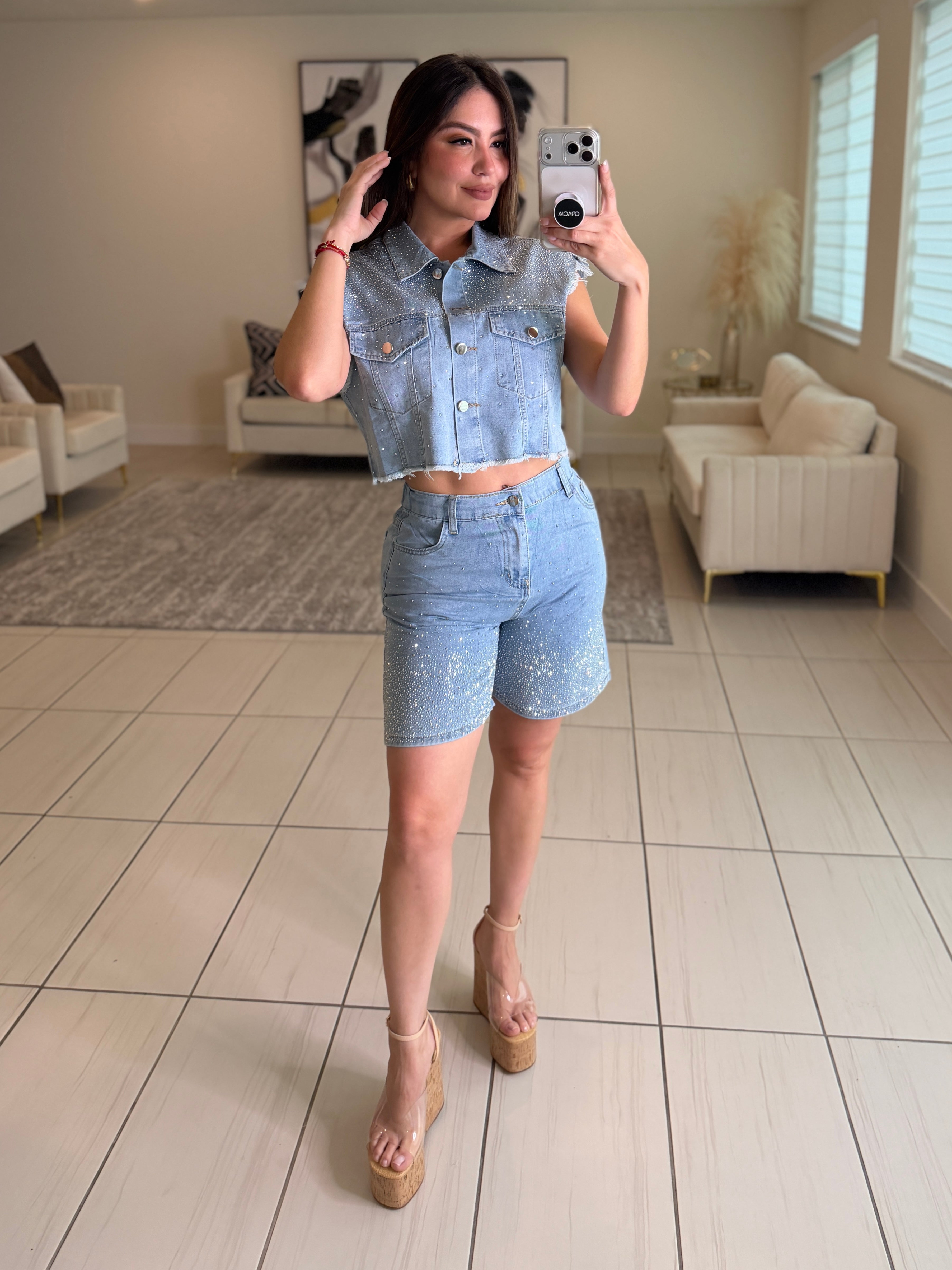 Rhinestones Muse Denim Short Set