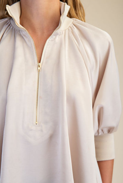 Mock Nek Band Puff Beige Top