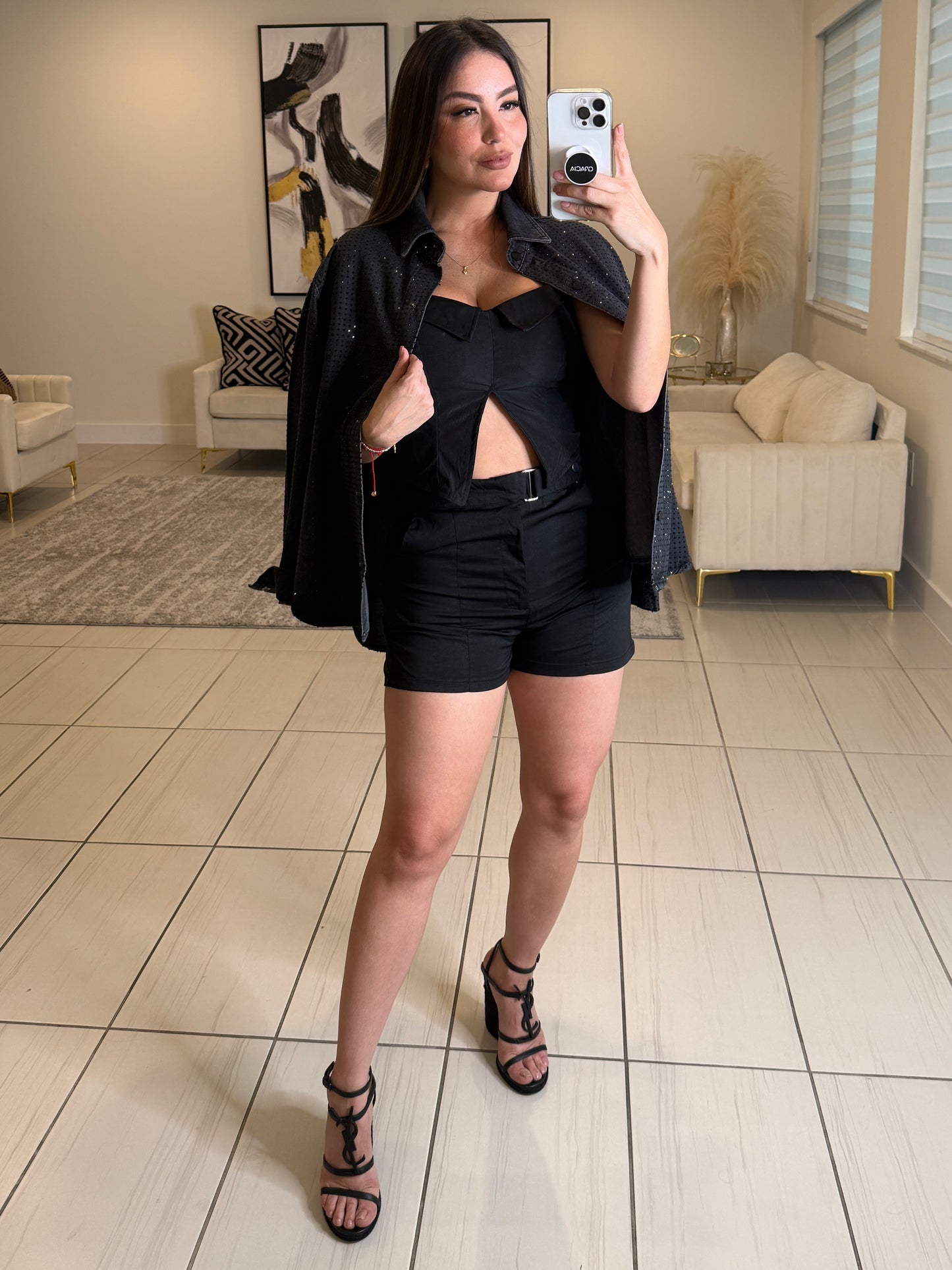 Power Poise Belted Black Short Set