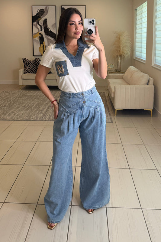 Pintuck Wide Leg Denim Pants