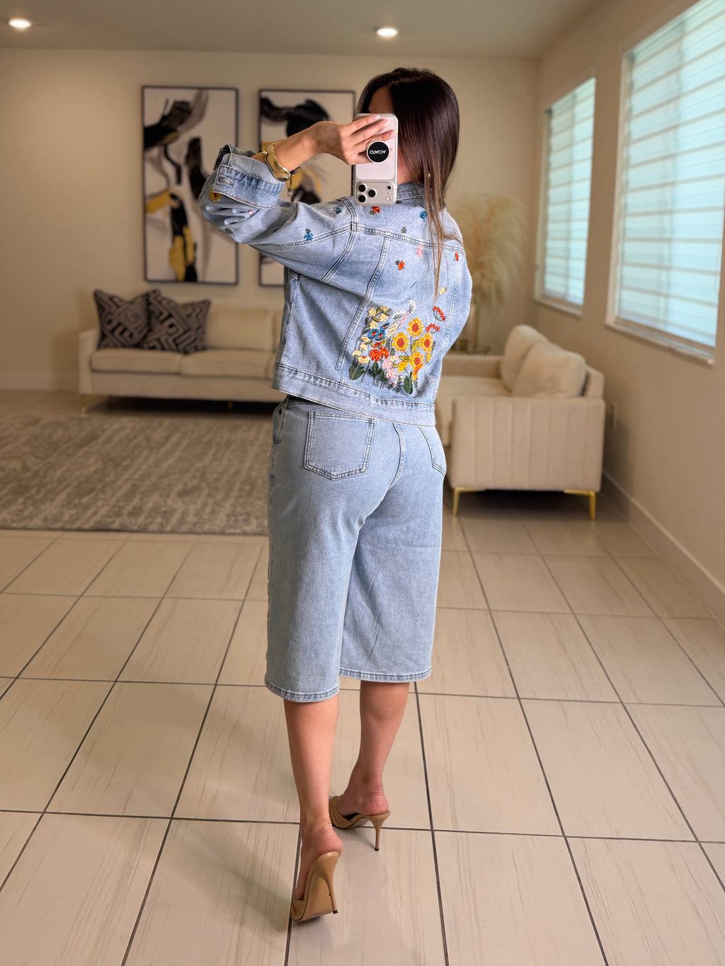 Bloom Embroidered Denim Shorts Set