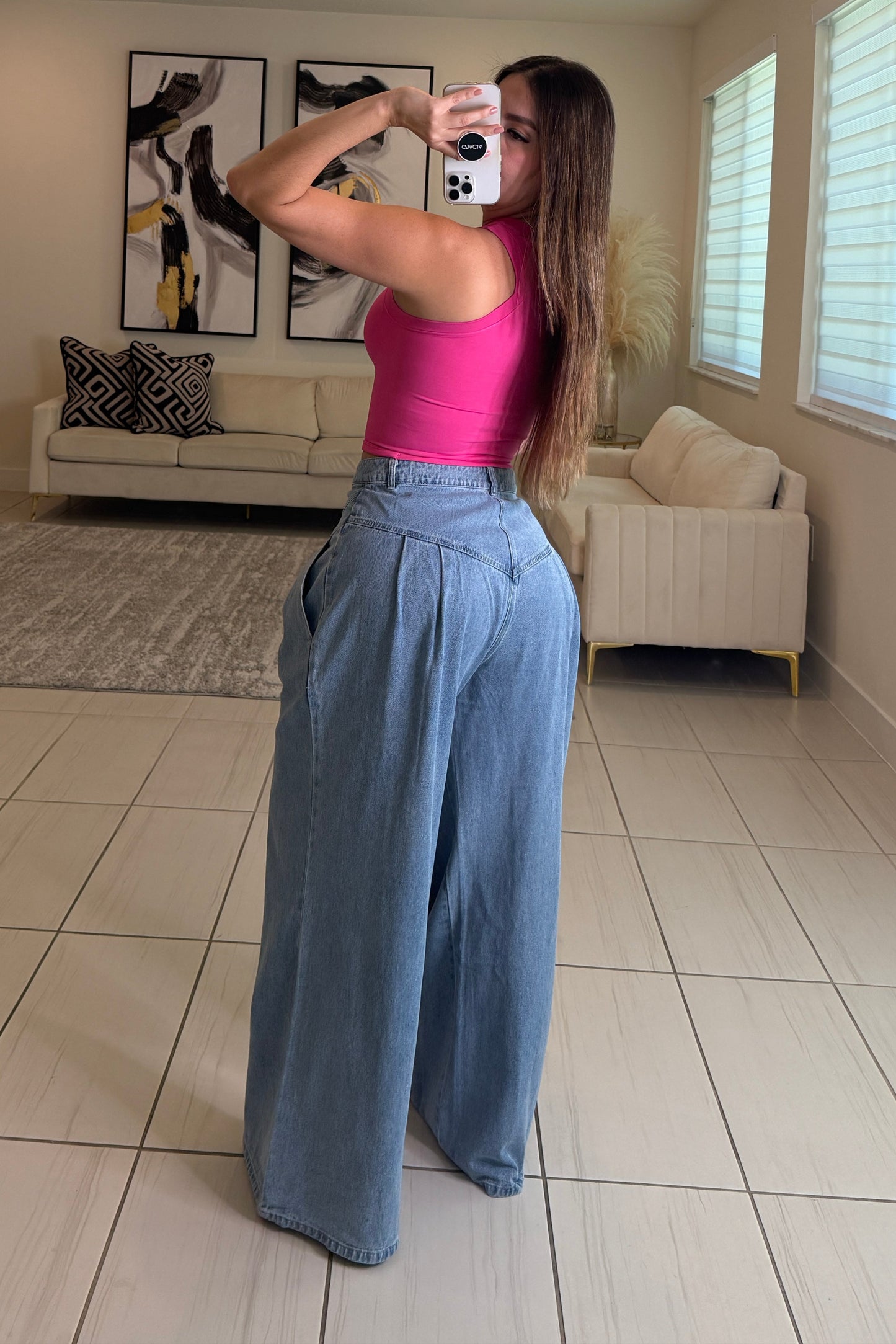 Pintuck Wide Leg Denim Pants