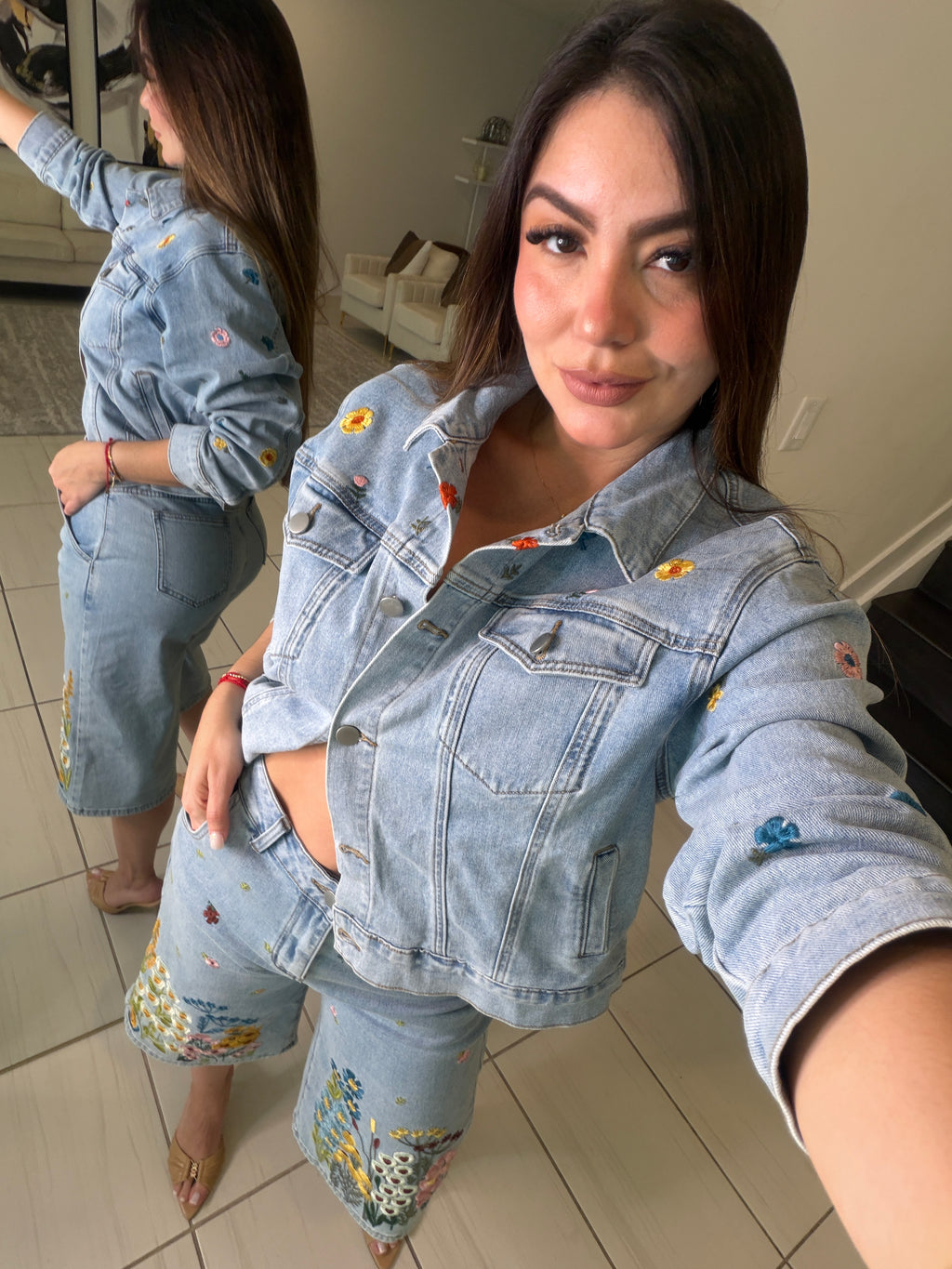 Bloom Embroidered Denim Shorts Set