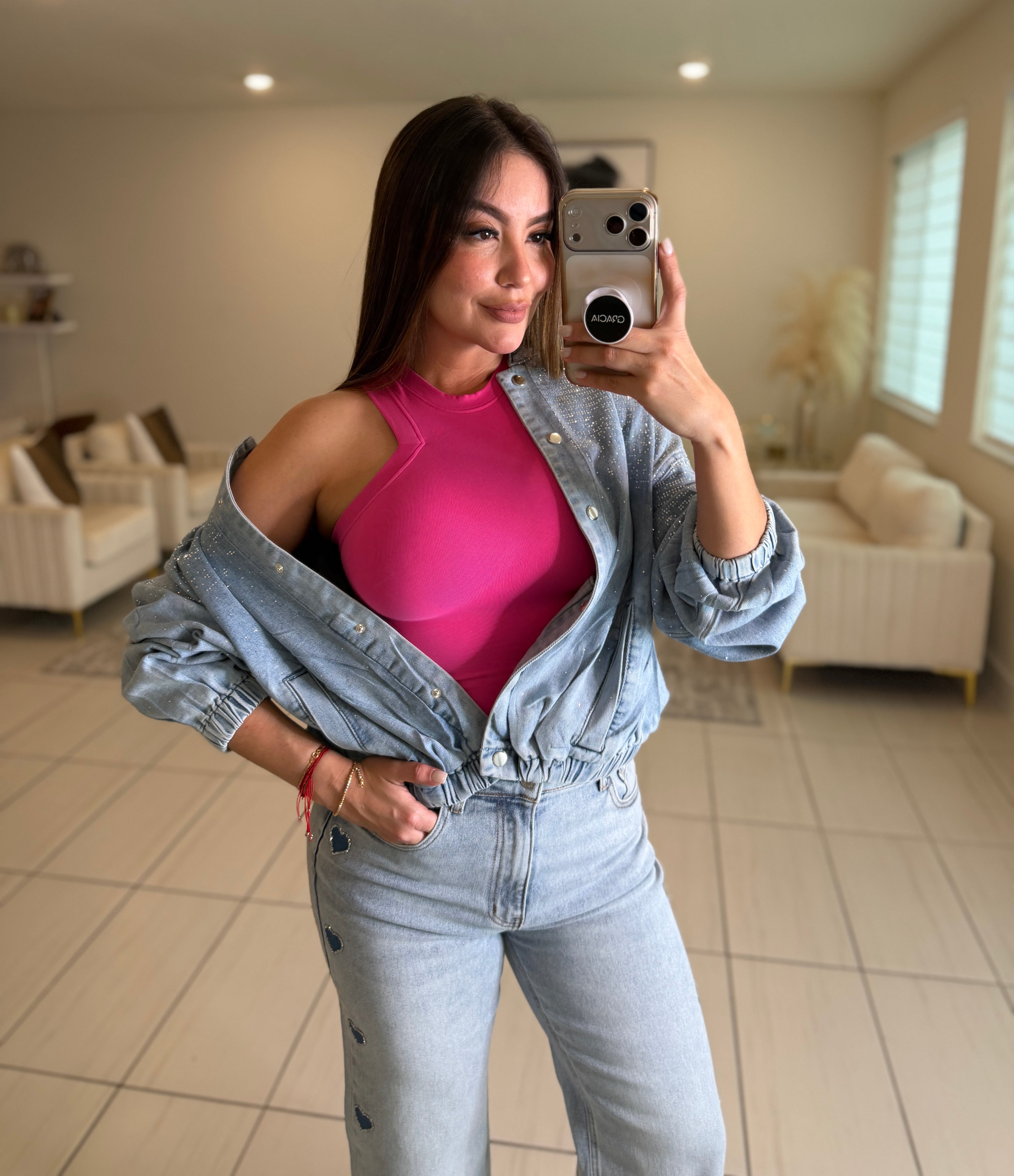 Cozy Rhinestones Denim Bomber Jacket