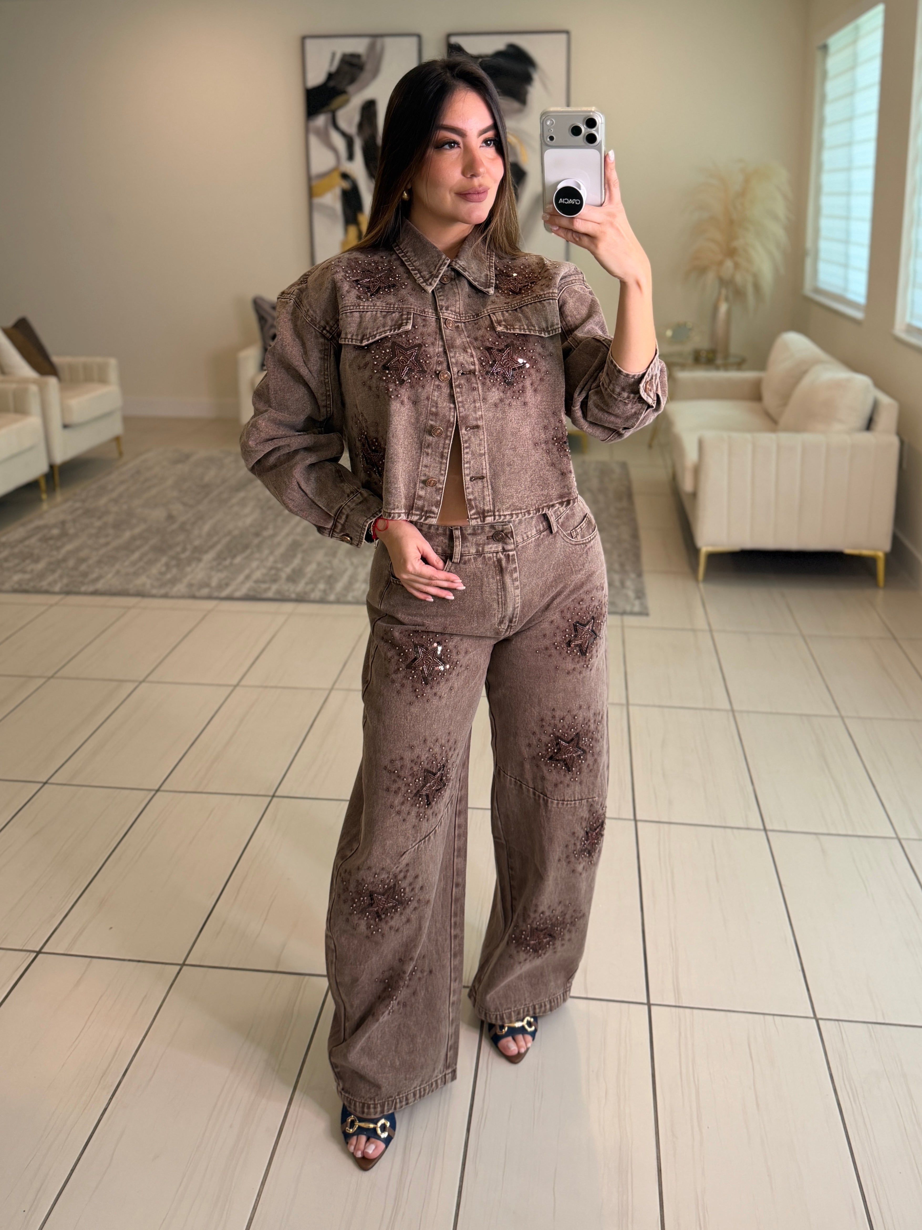 Stars Allure Brown Denim Pant Set