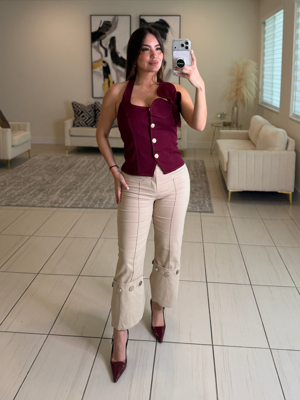 Stunning Silver Buttons Beige Pants