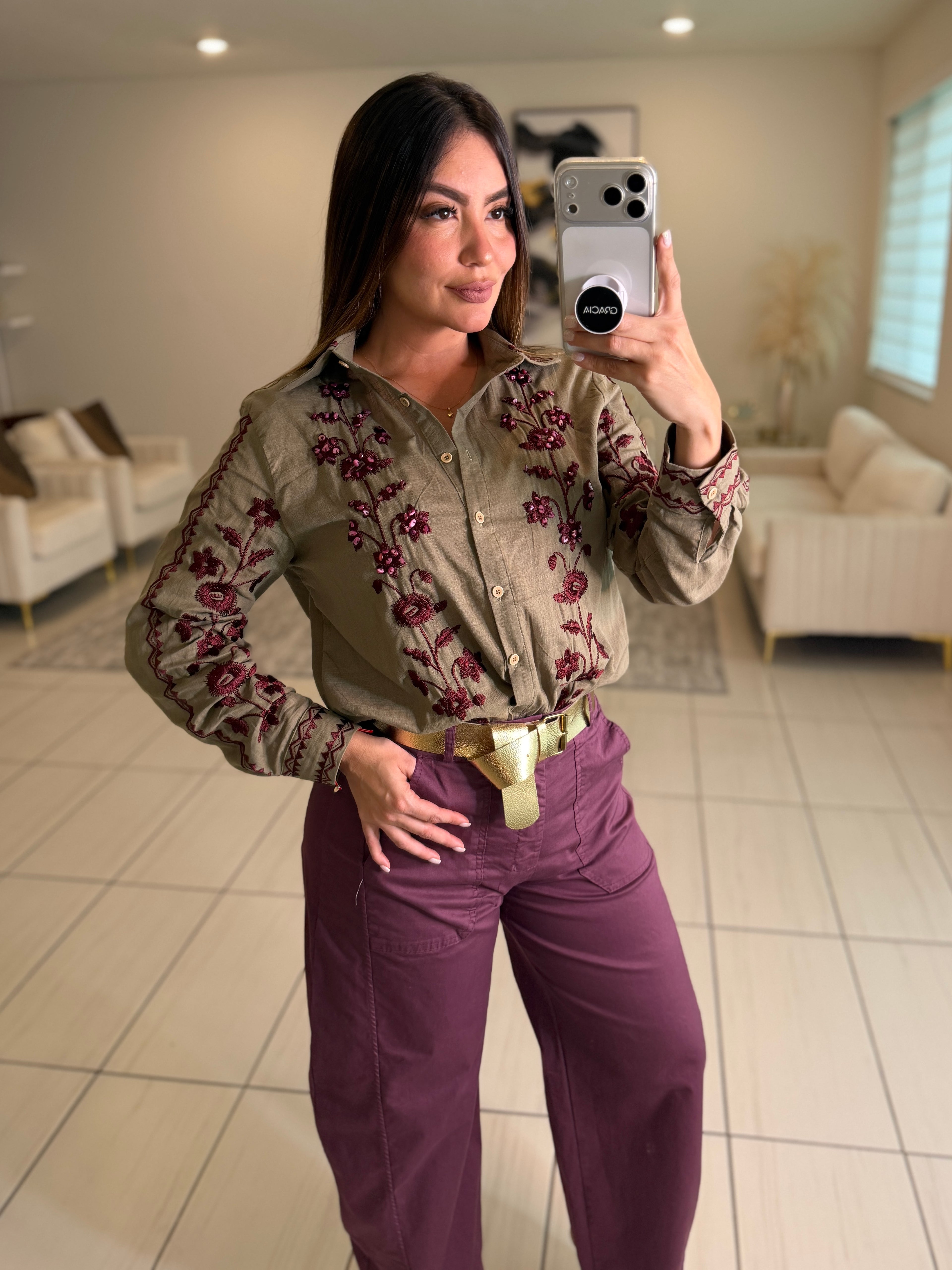 Charming Embroidery Green Shirt