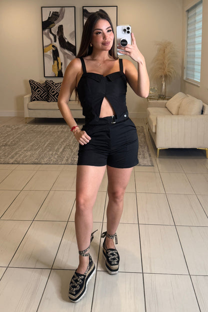 Power Poise Belted Black Short Set