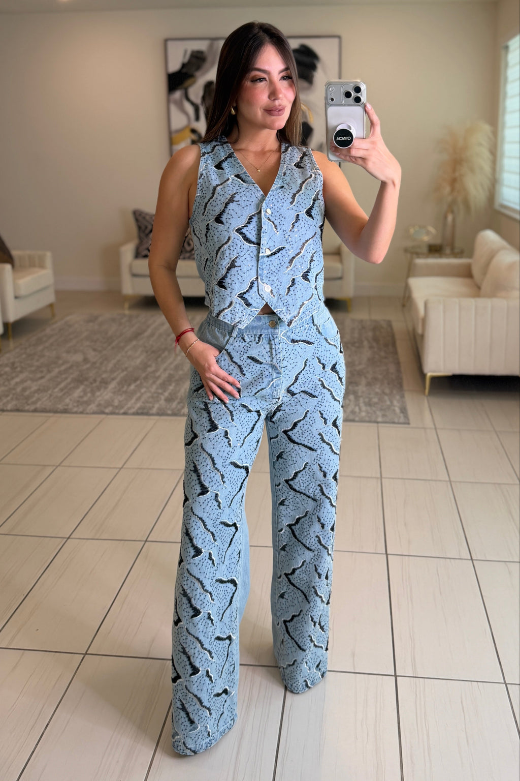 Perfect Sequin Details Denim Pant Set