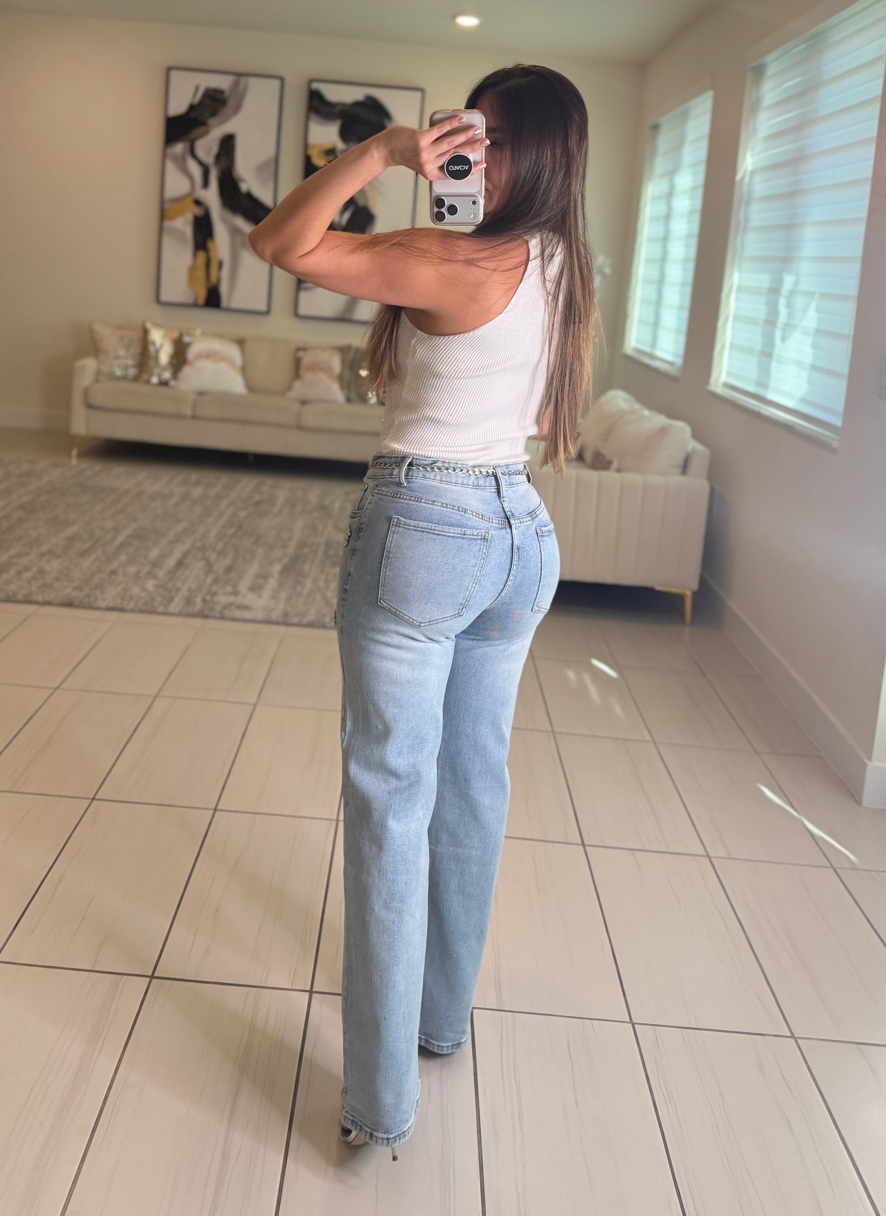 Rhinestones Flowers Denim Pants