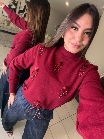 Pearls Red Wine Knit Sweater