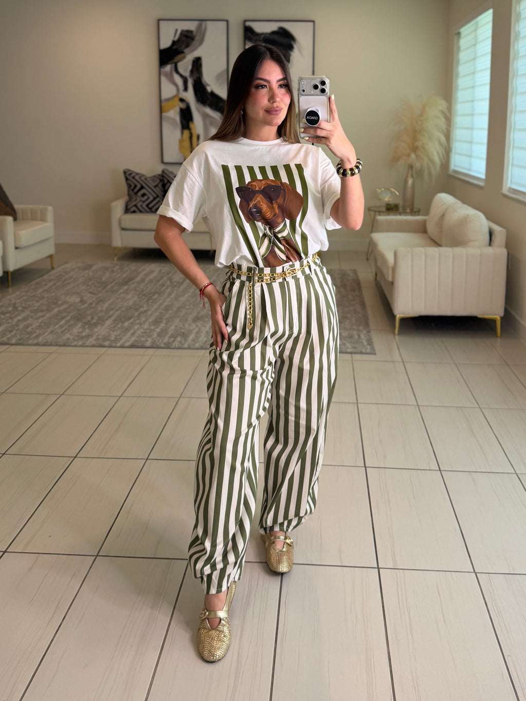 Italian Stripes Green Barrel Pants