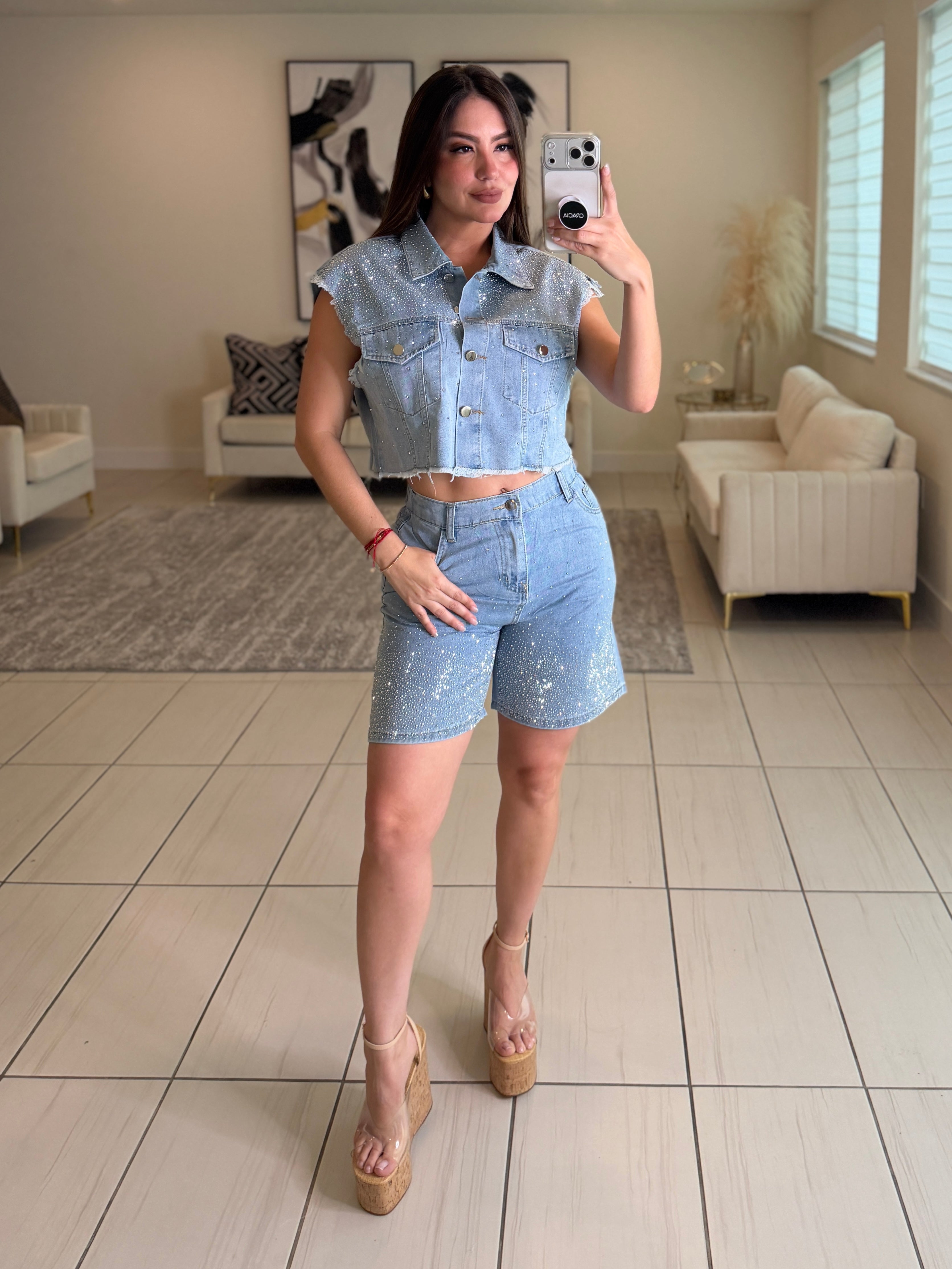 Rhinestones Muse Denim Short Set