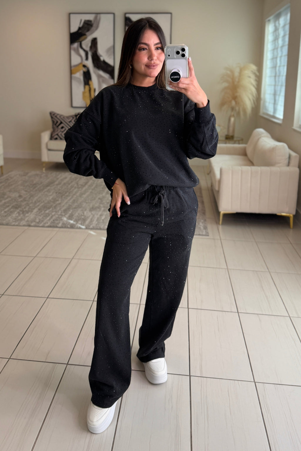 Soft Threat Rhinestone Black Pant Set