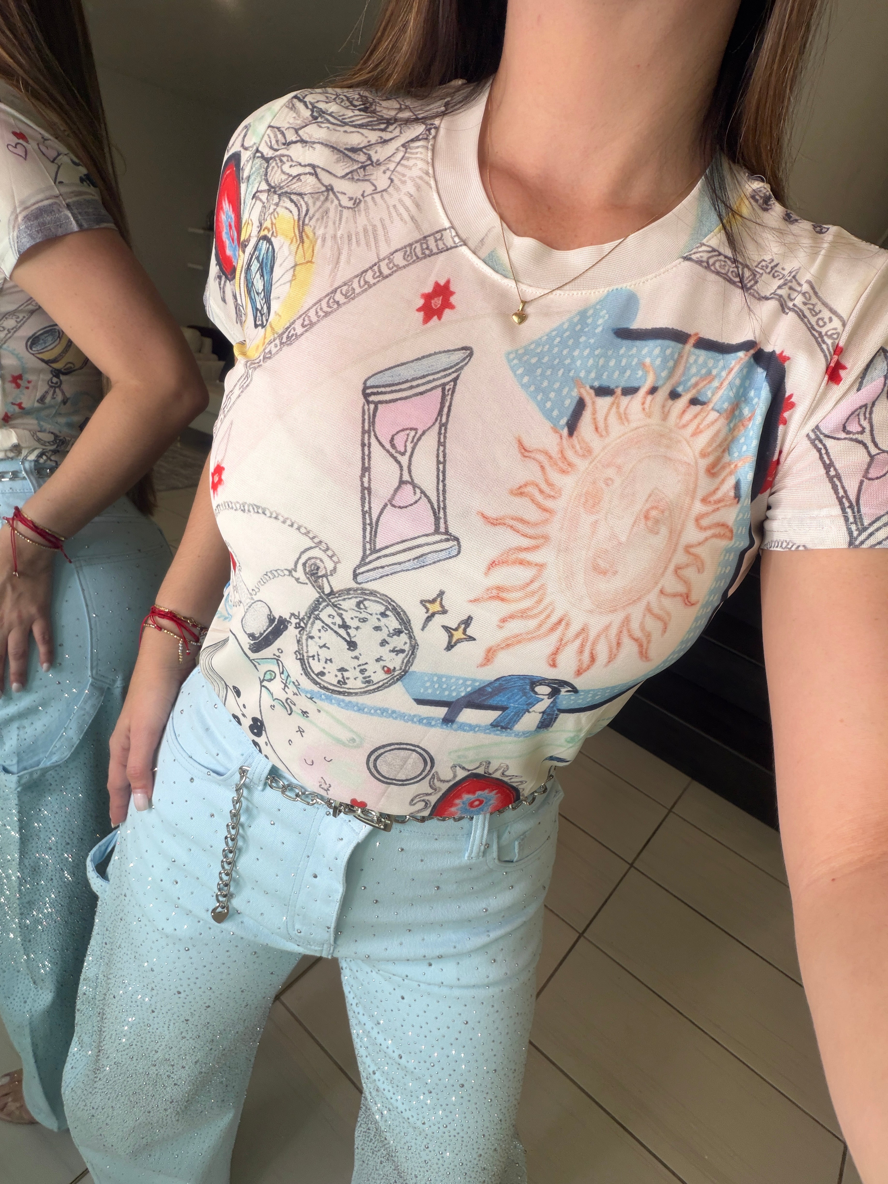 Cool Beige Mesh Printed Top