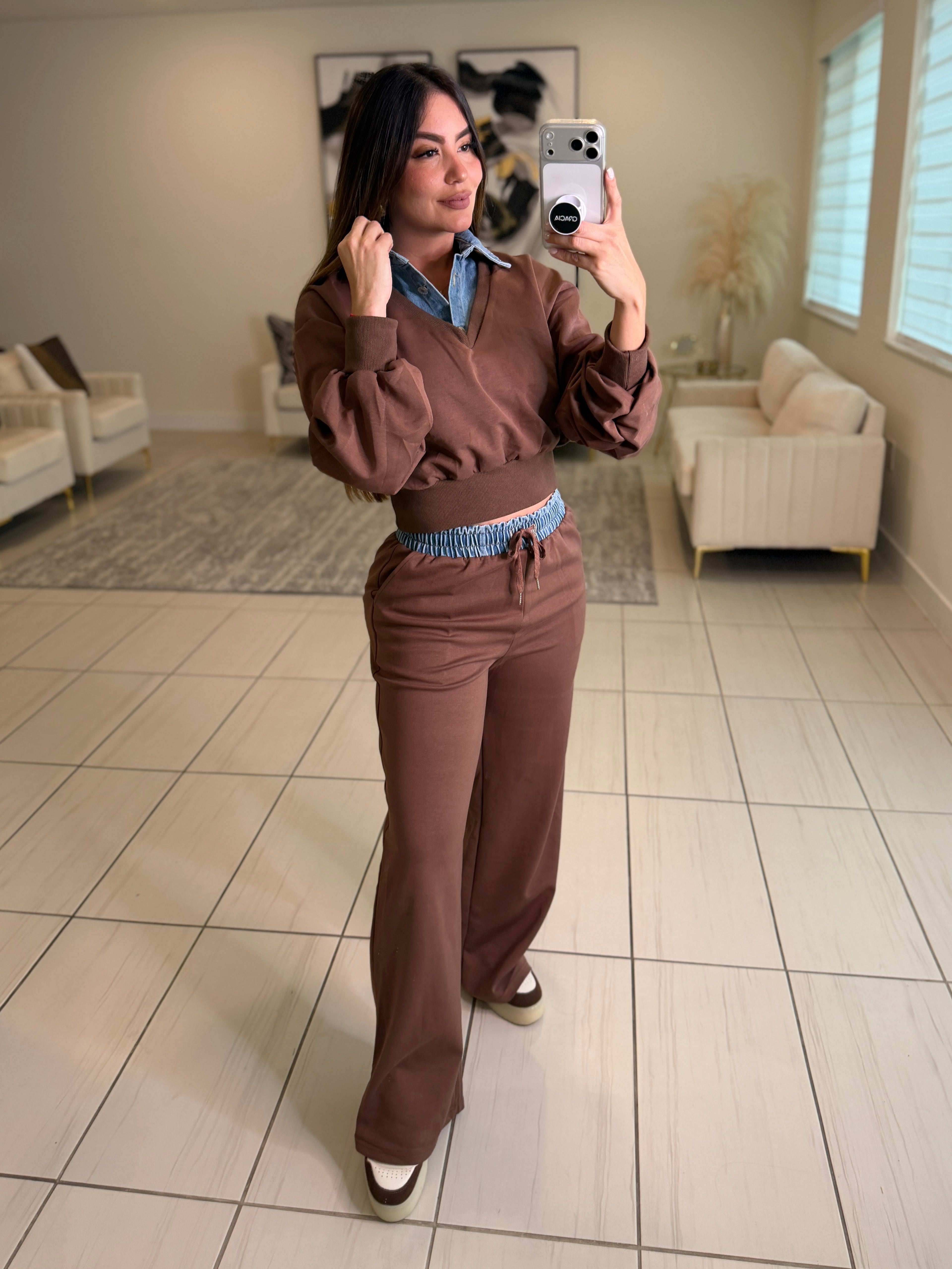 Divine Brown and Denim Contrast Pant Set