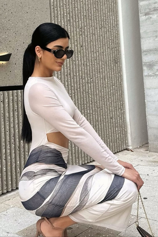 The Luna Mesh Beige Midi Dress