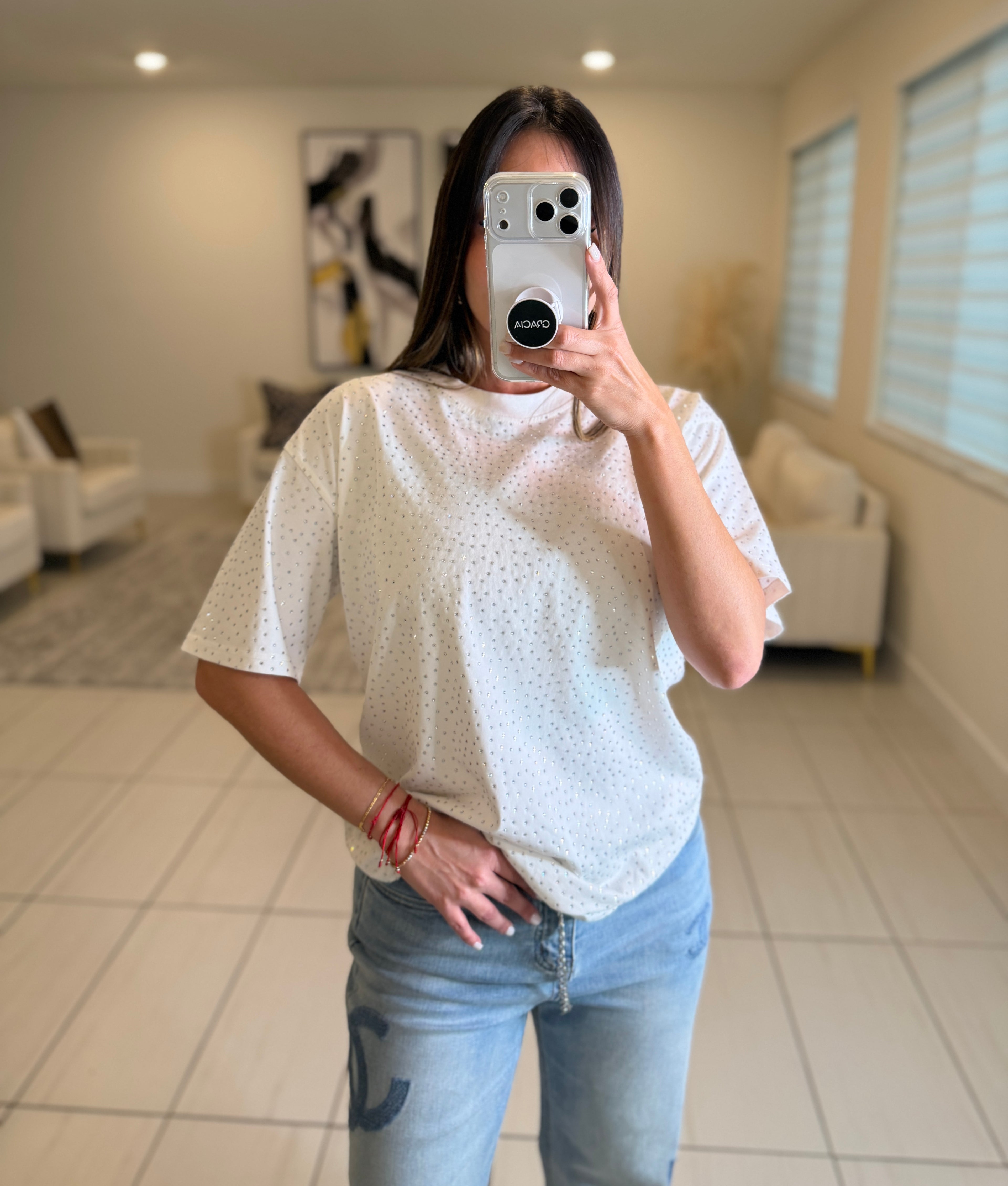 Glow Up Rhinestones White Tshirt