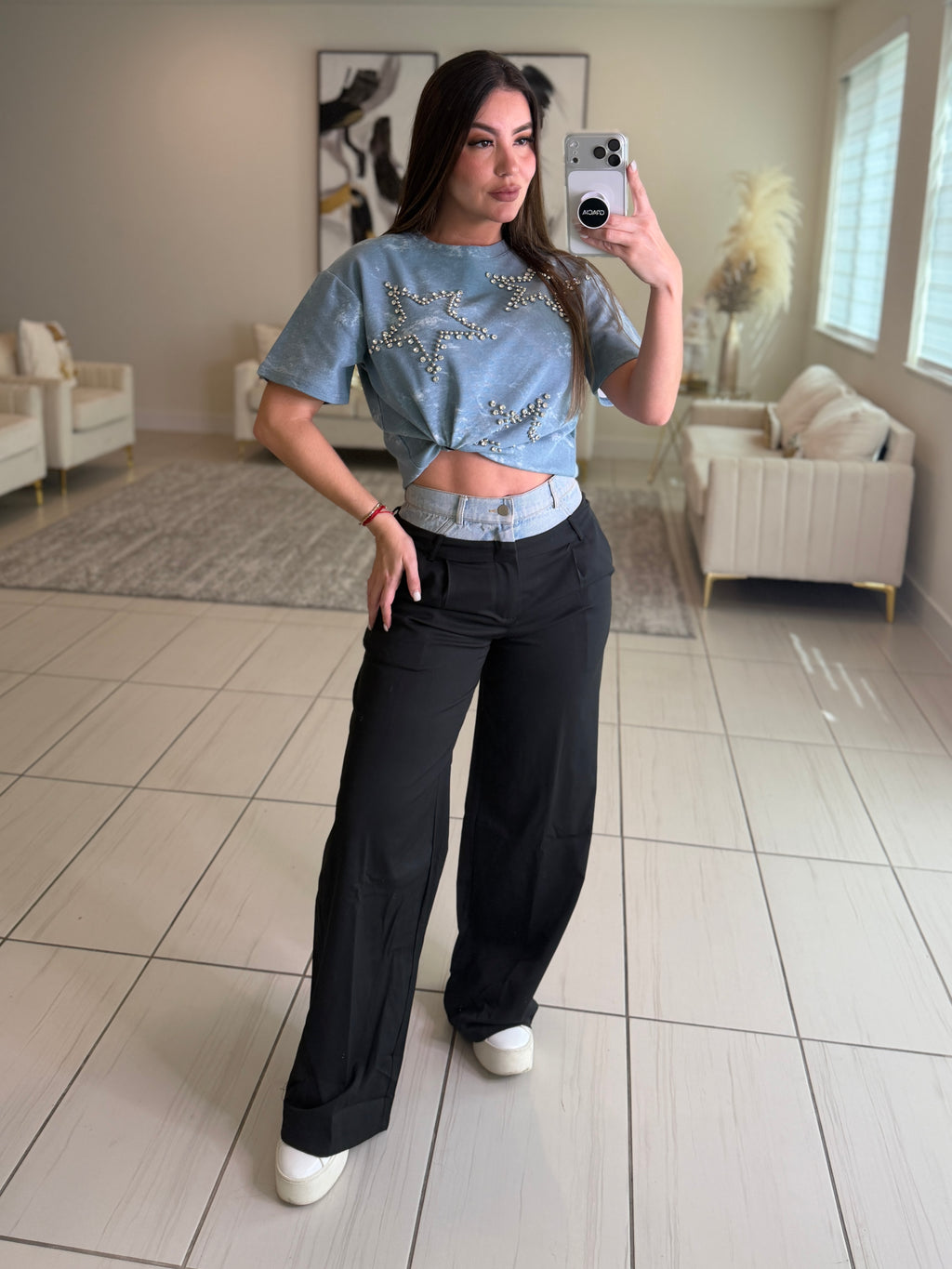 Iconic Contrast Black and Denim Pants