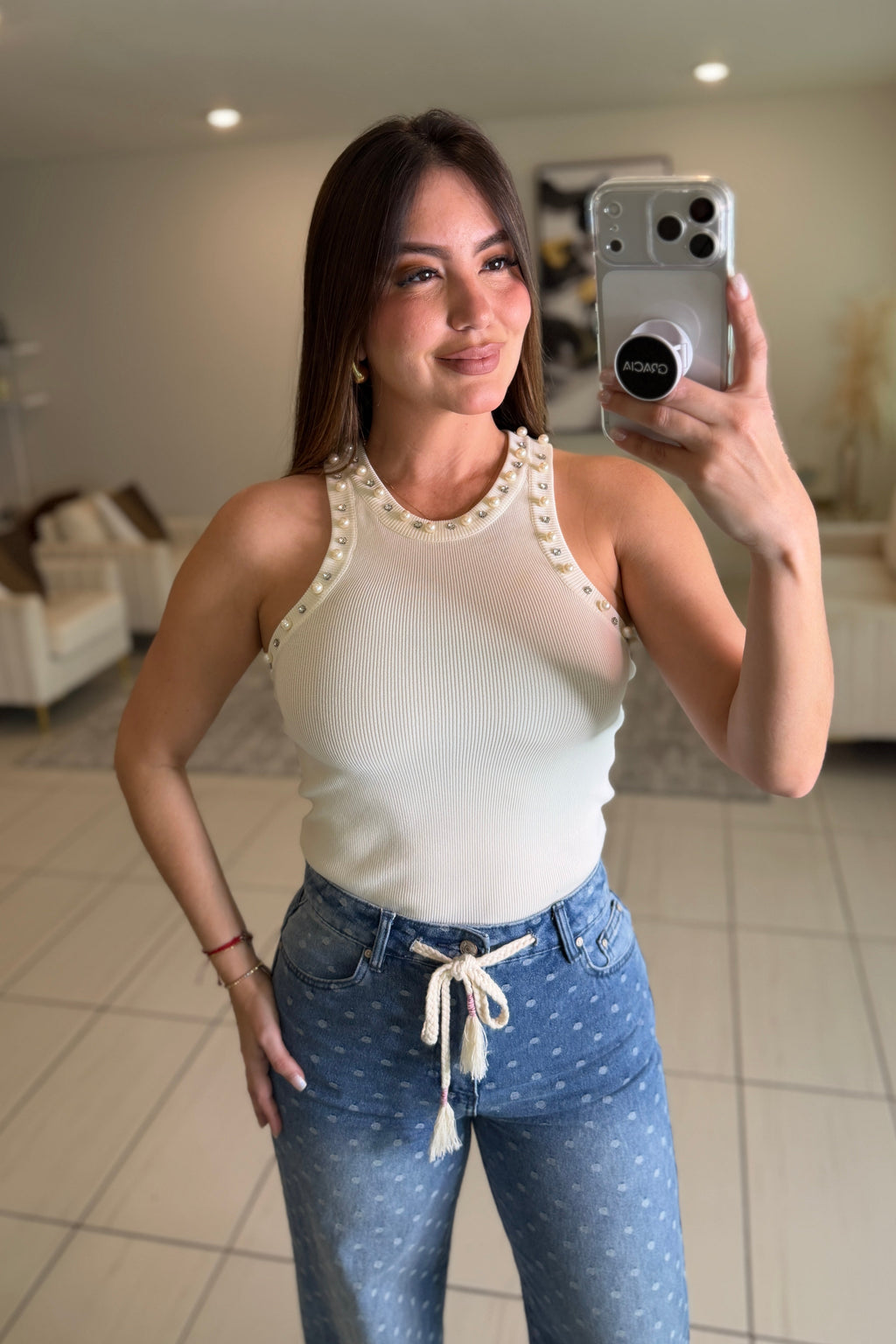 Prestige Pearls Beige Tank Top