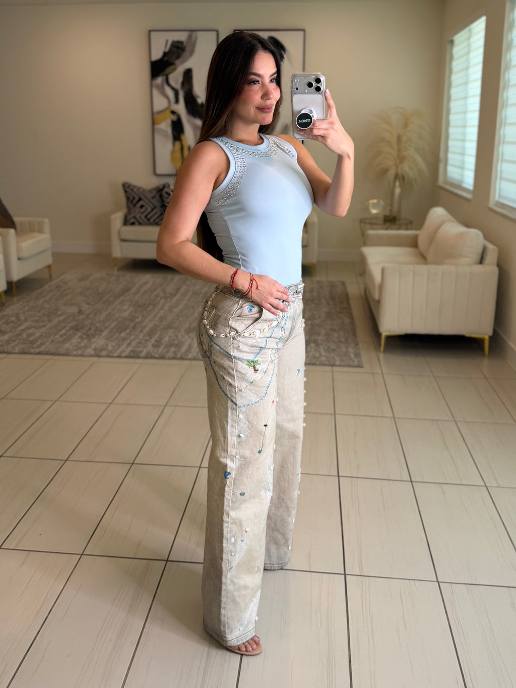 Glam Seashells Beige Denim Pants