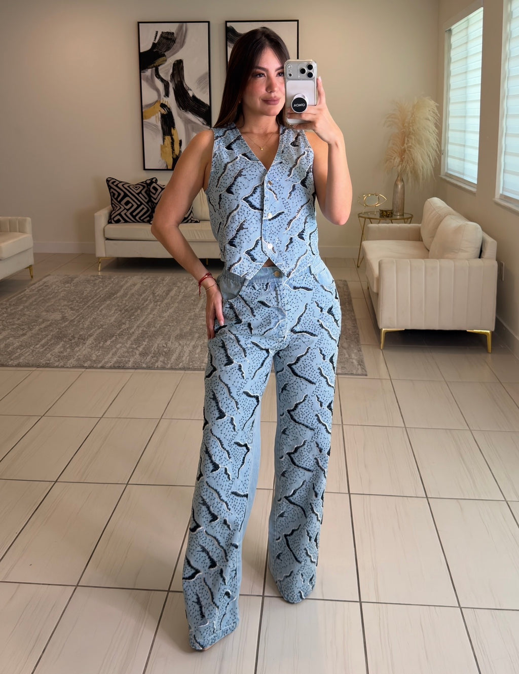 Perfect Sequin Details Denim Pant Set