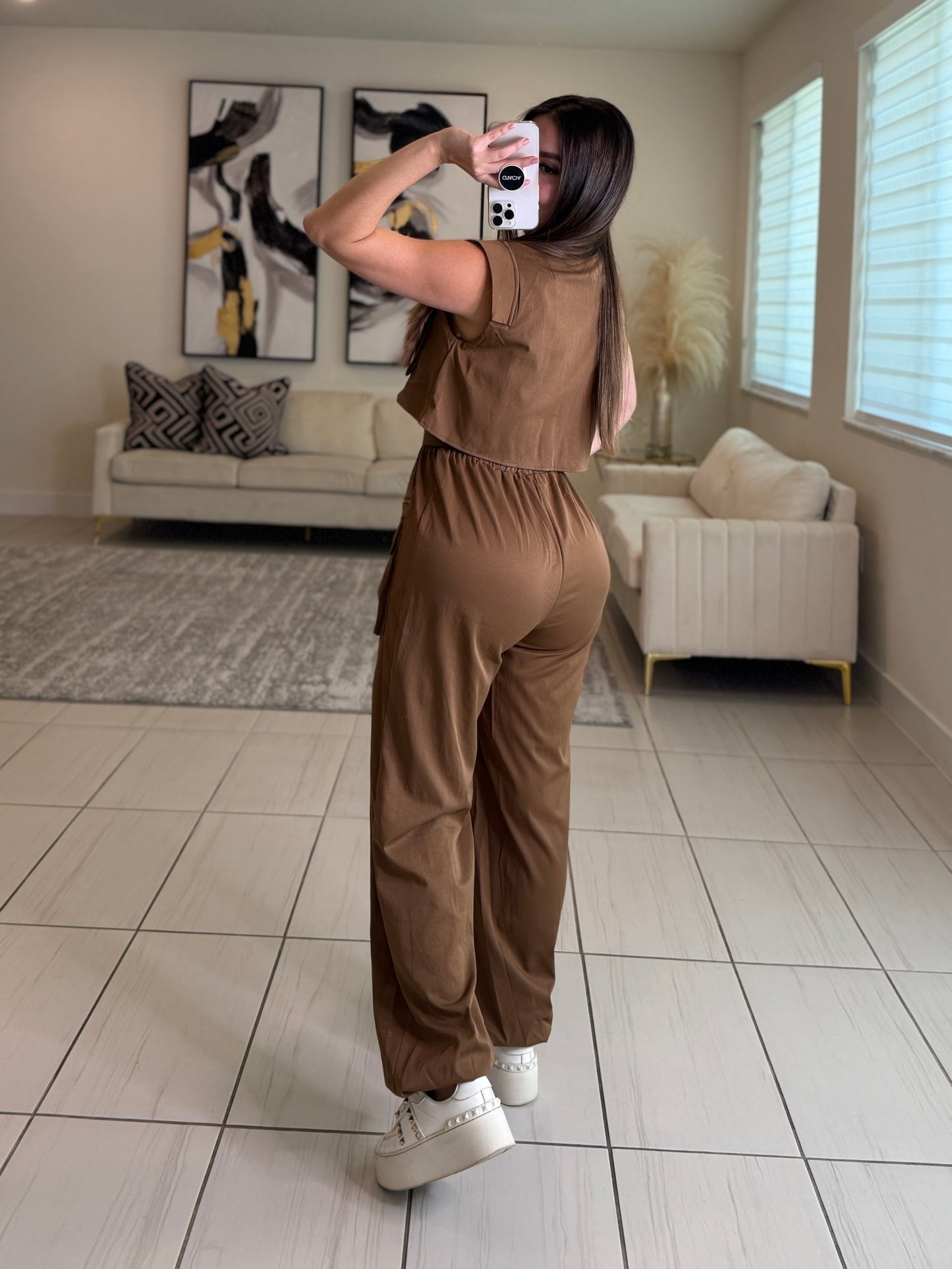 Forgive The Night Ruched Brown Jumpsuit