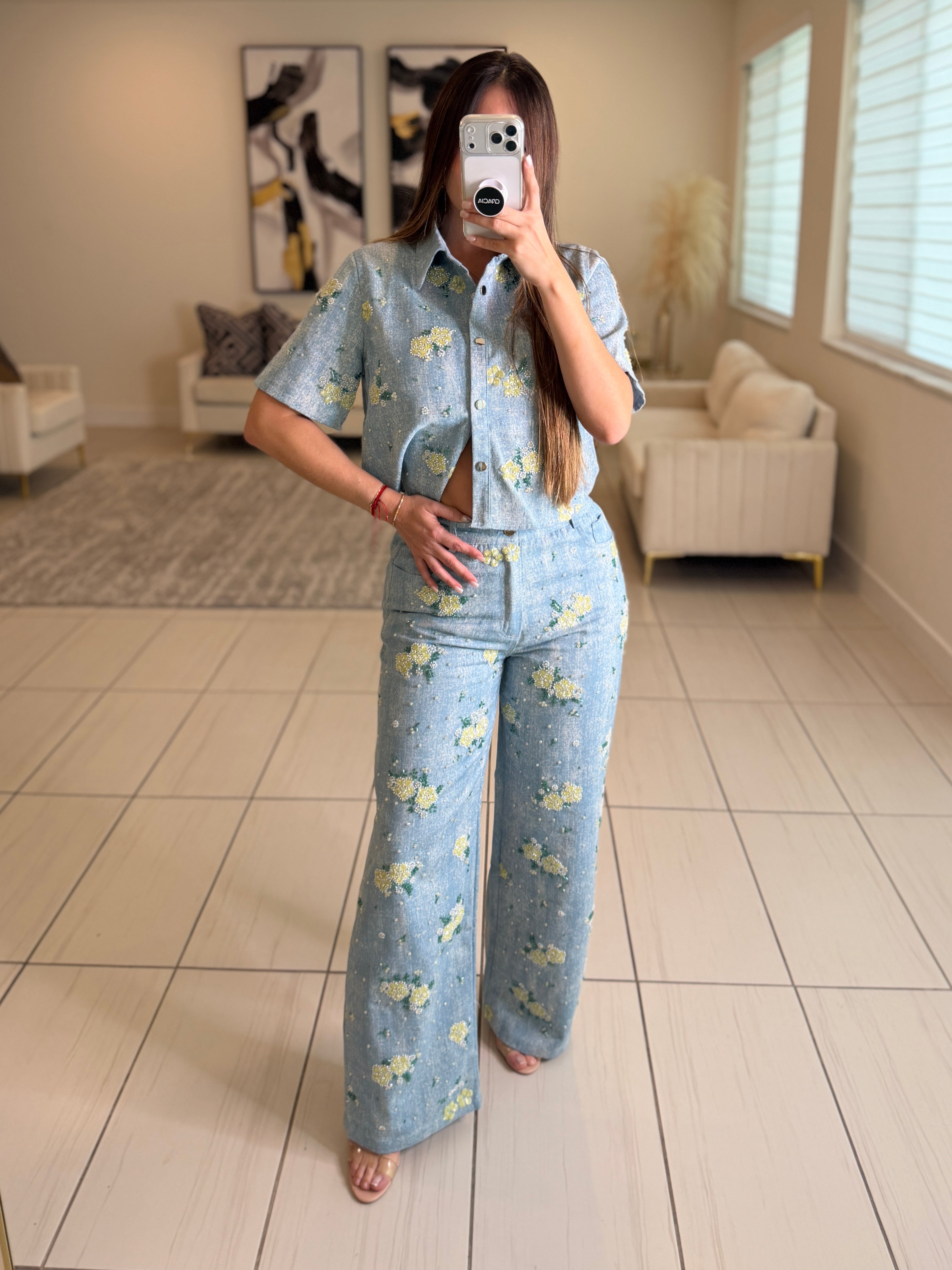 Blossom Sequin Denim Pant Set