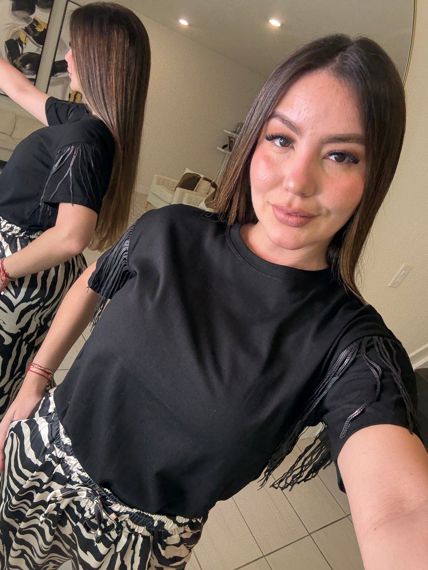 Sequin Fringe Black Top