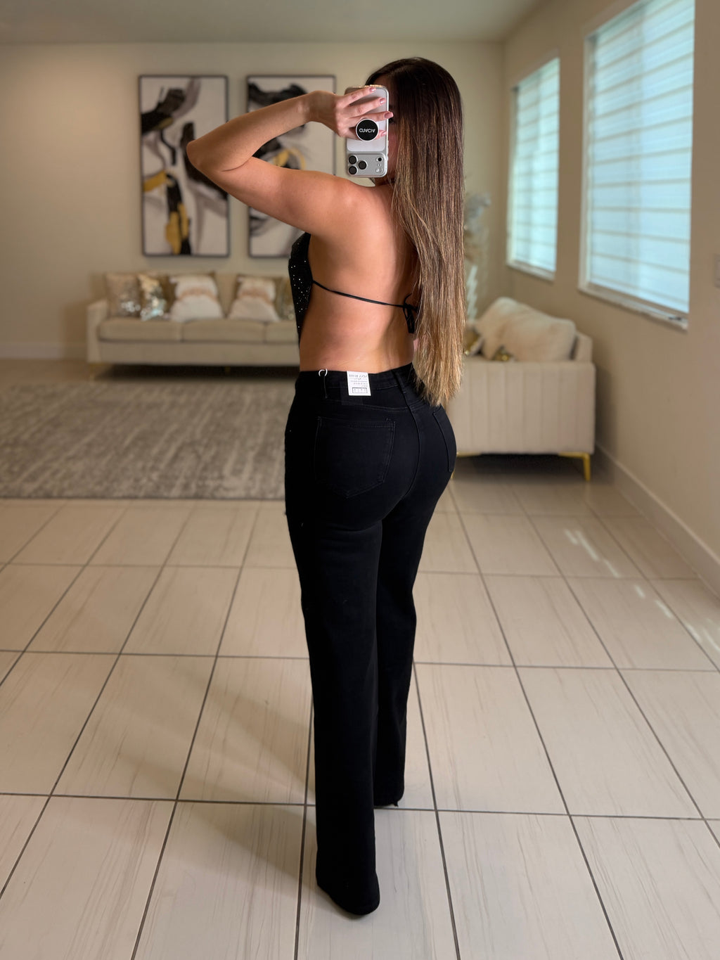 Night Code Rhinestones Black Denim Pants
