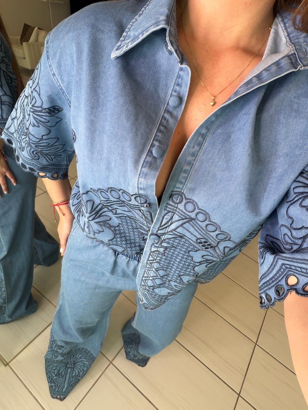 Paradise Embroidered Denim Pant Set